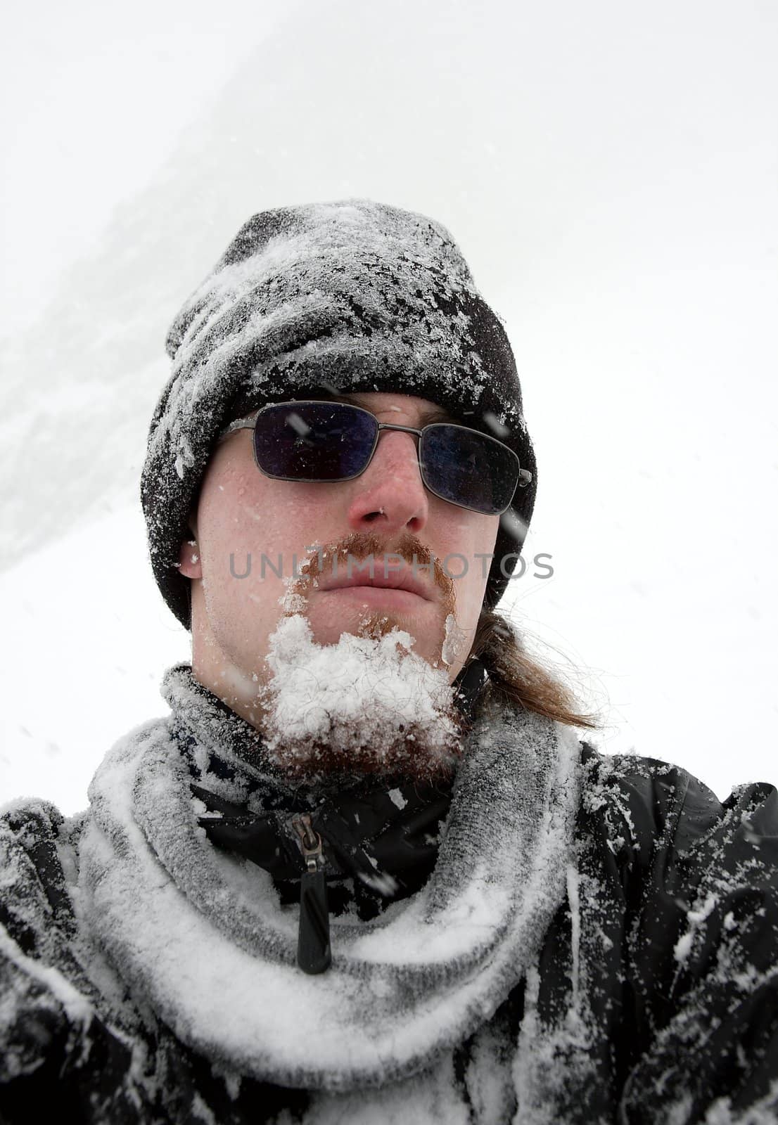 Portrait of a man with frozen beard in winter
