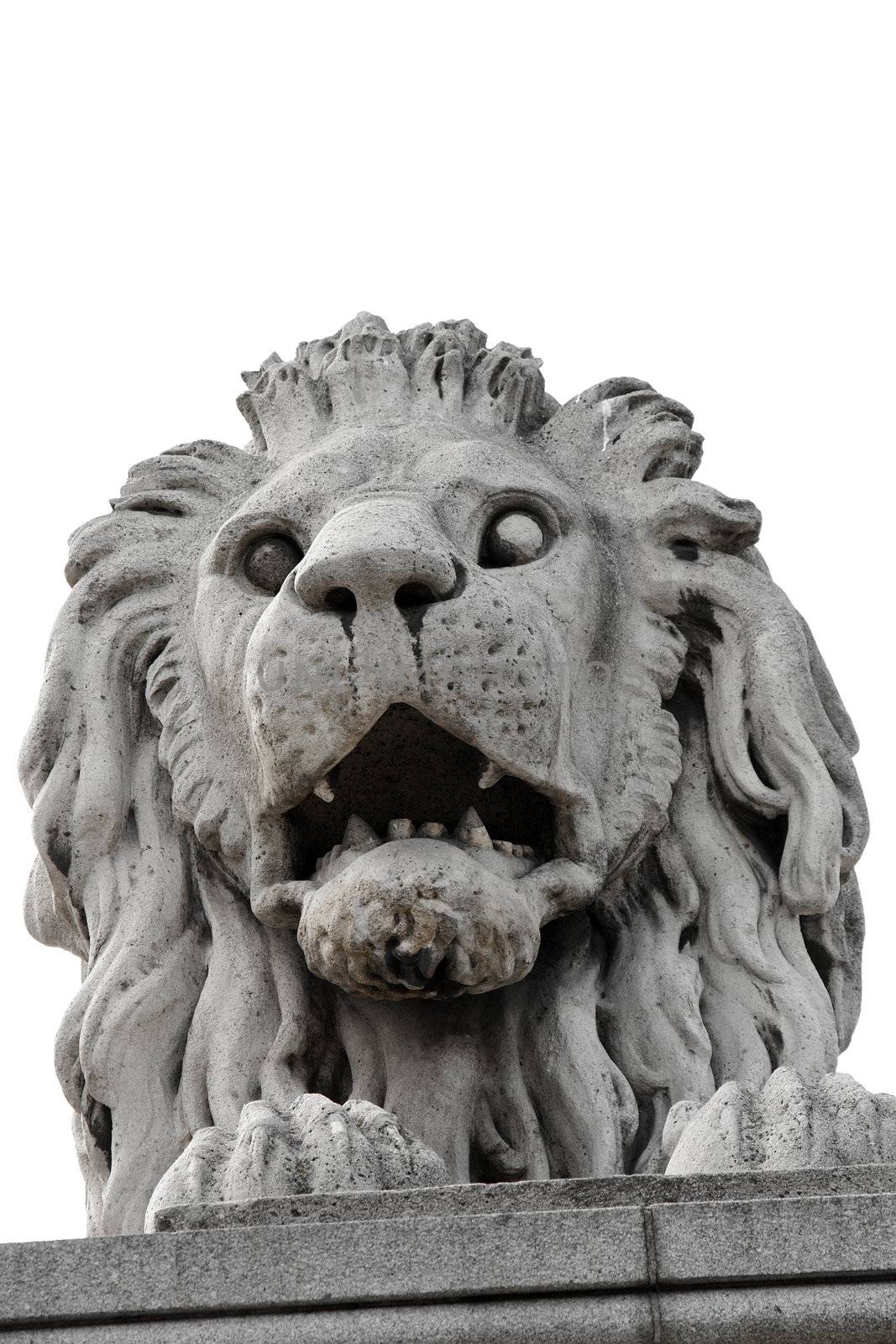 roaring stone lion sculpture closeup