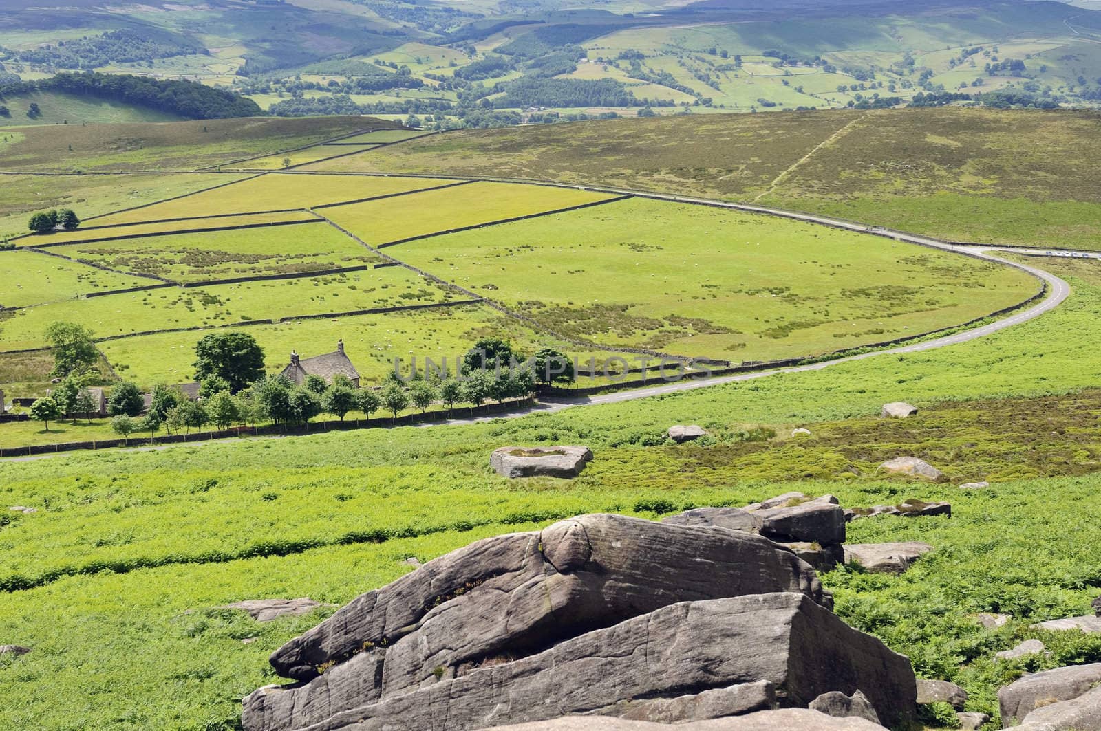 View from Stanage Edge on Hathersage Moor in Peak District National Park Derbyshire England