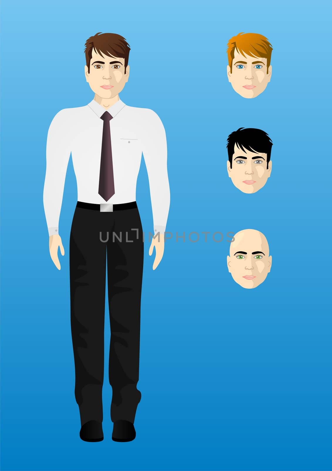 Male businessman in a white shirt, thickness proportional body, the different colors of eyes and hair