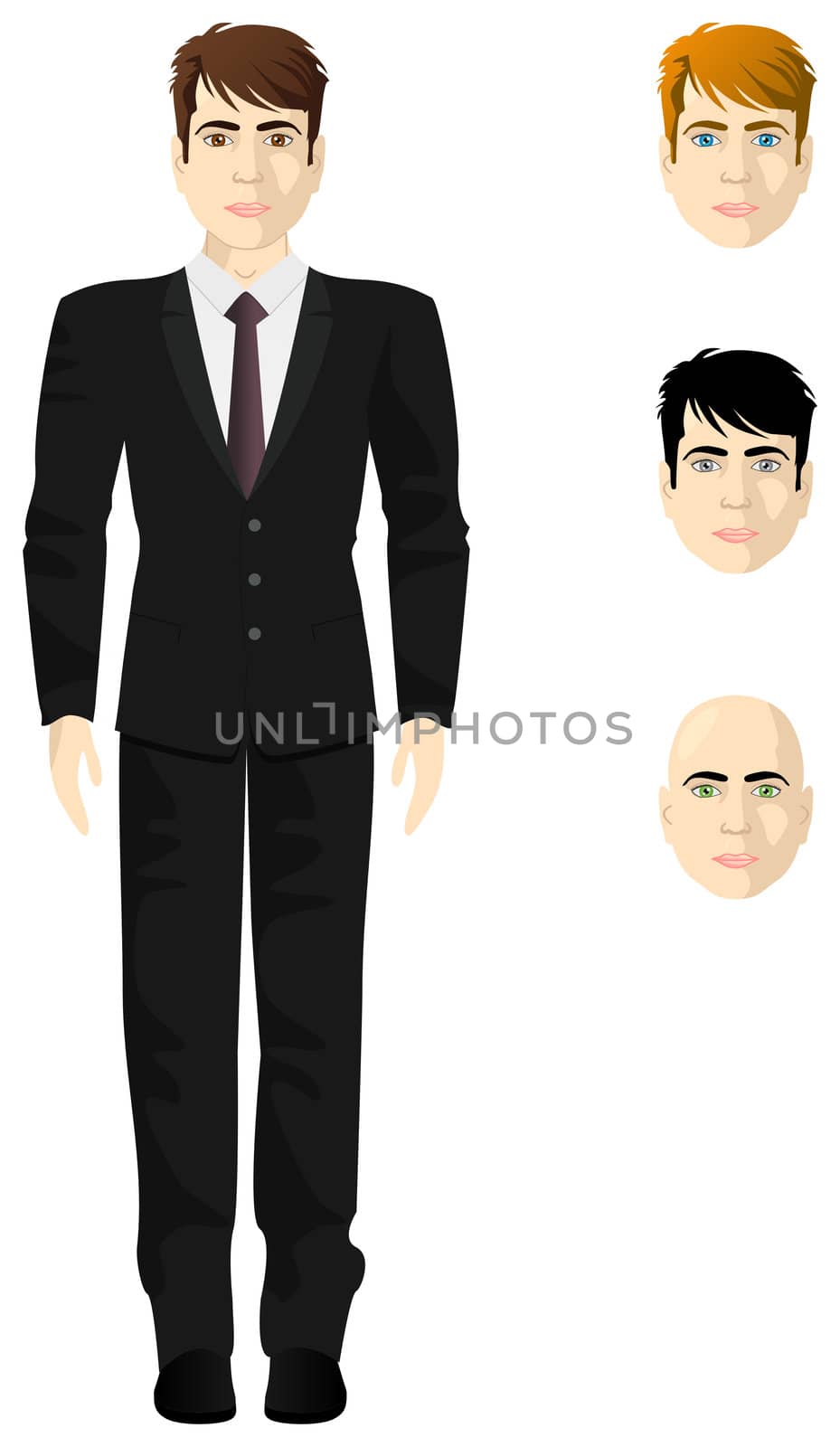 Male businessman in a white shirt and black suit, thickness proportional body, the different colors of eyes and hair