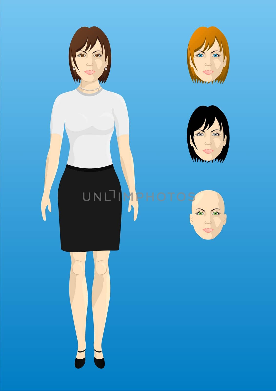 Female businesswoman in a white shirt, thickness proportional body, the different colors of eyes and hair