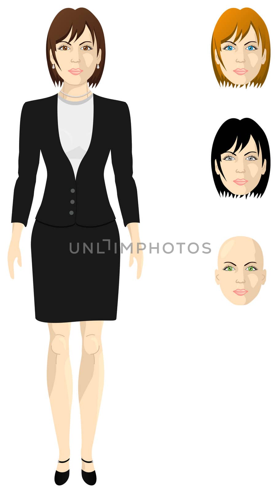 Female businesswoman in a white shirt and black shingle, thickness proportional body, the different colors of eyes and hair