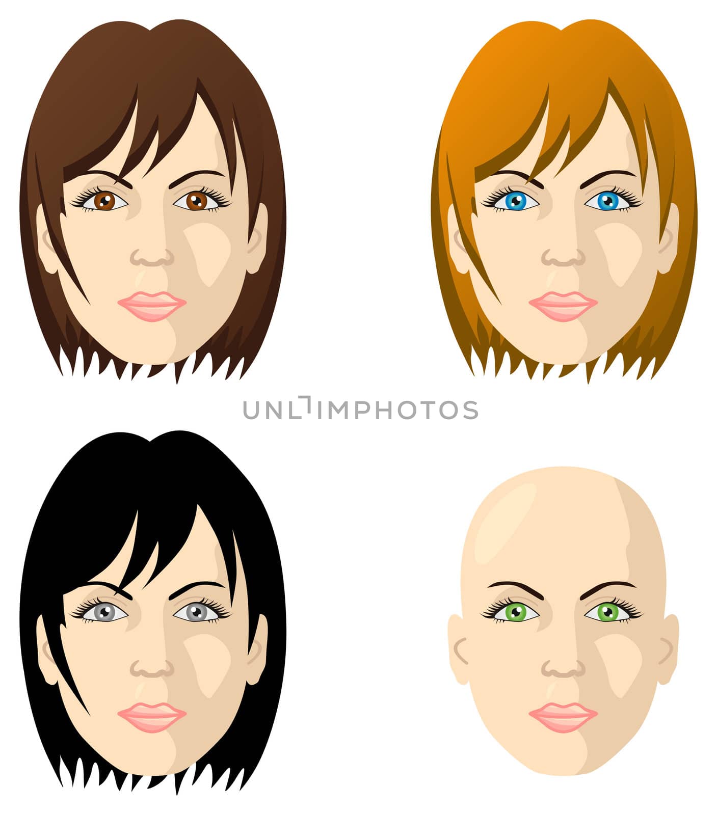 Women's faces, different color eyes and hair