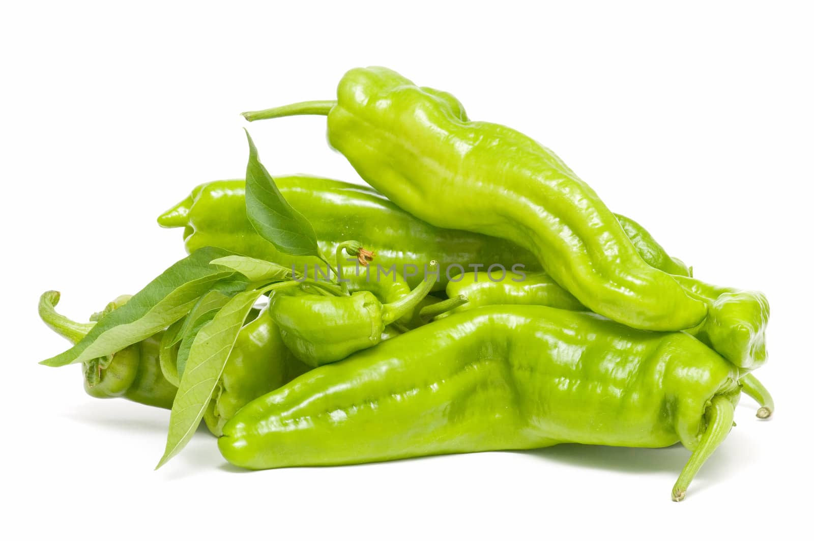 freshly harvested green peppers on a white background
