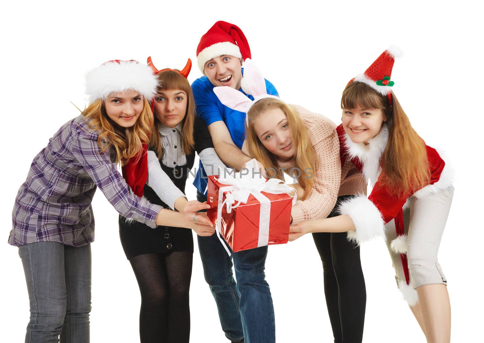 Cheerful people hand over one general gift isolated on a white background