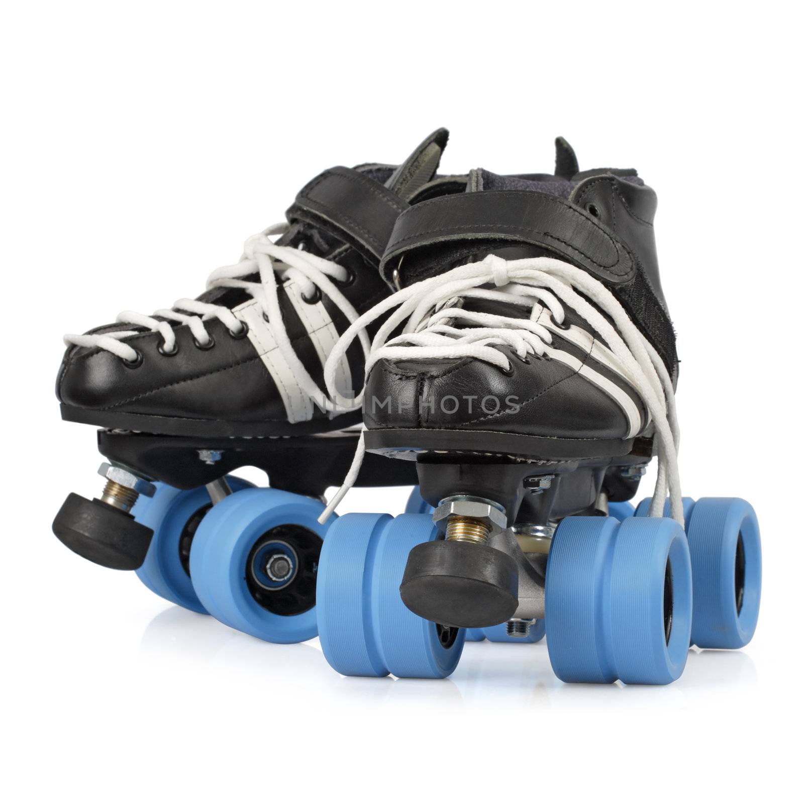 Photo of Roller Derby quad skates. Focus is on the front skate.
