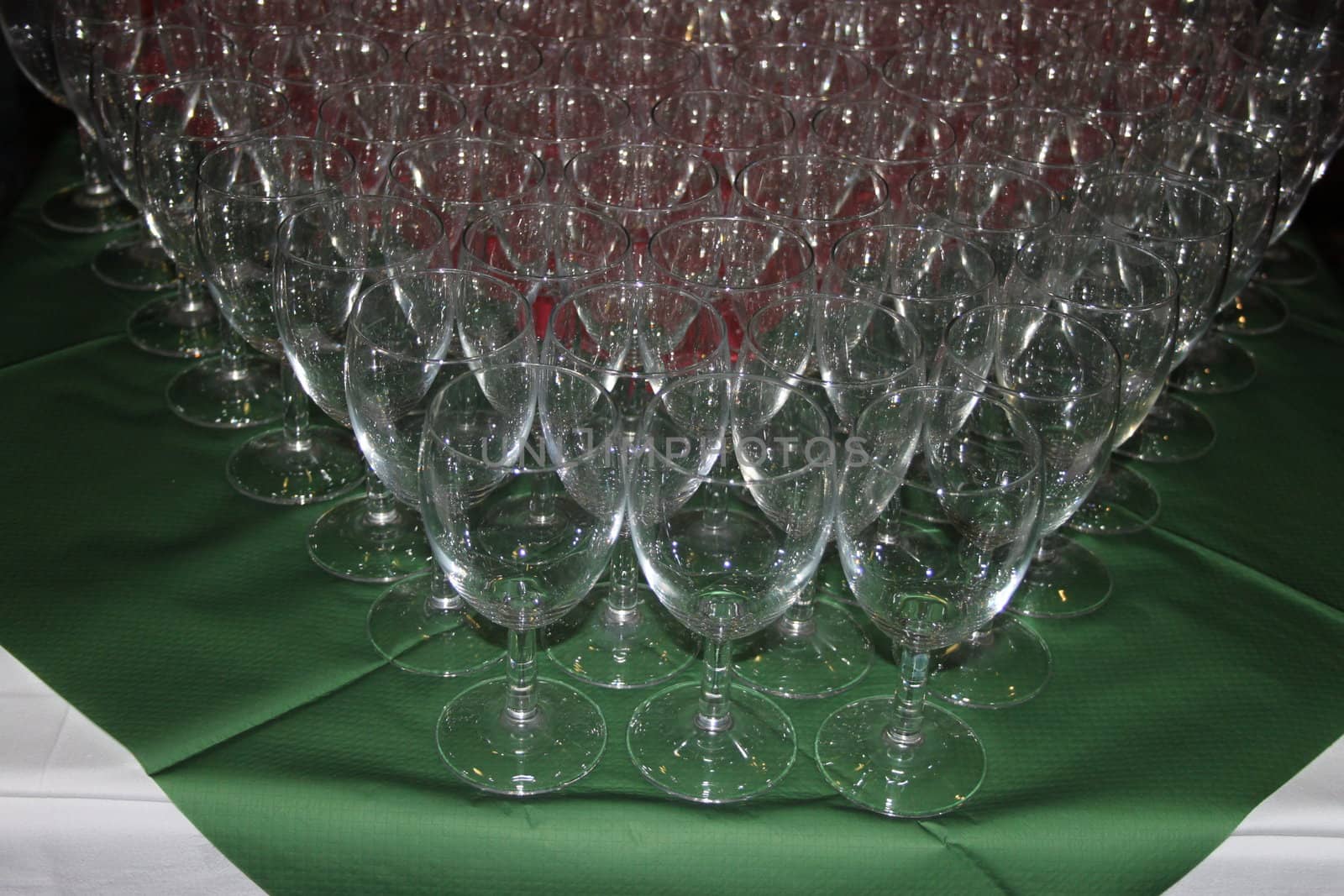 Wine glasses set out for a festive party.