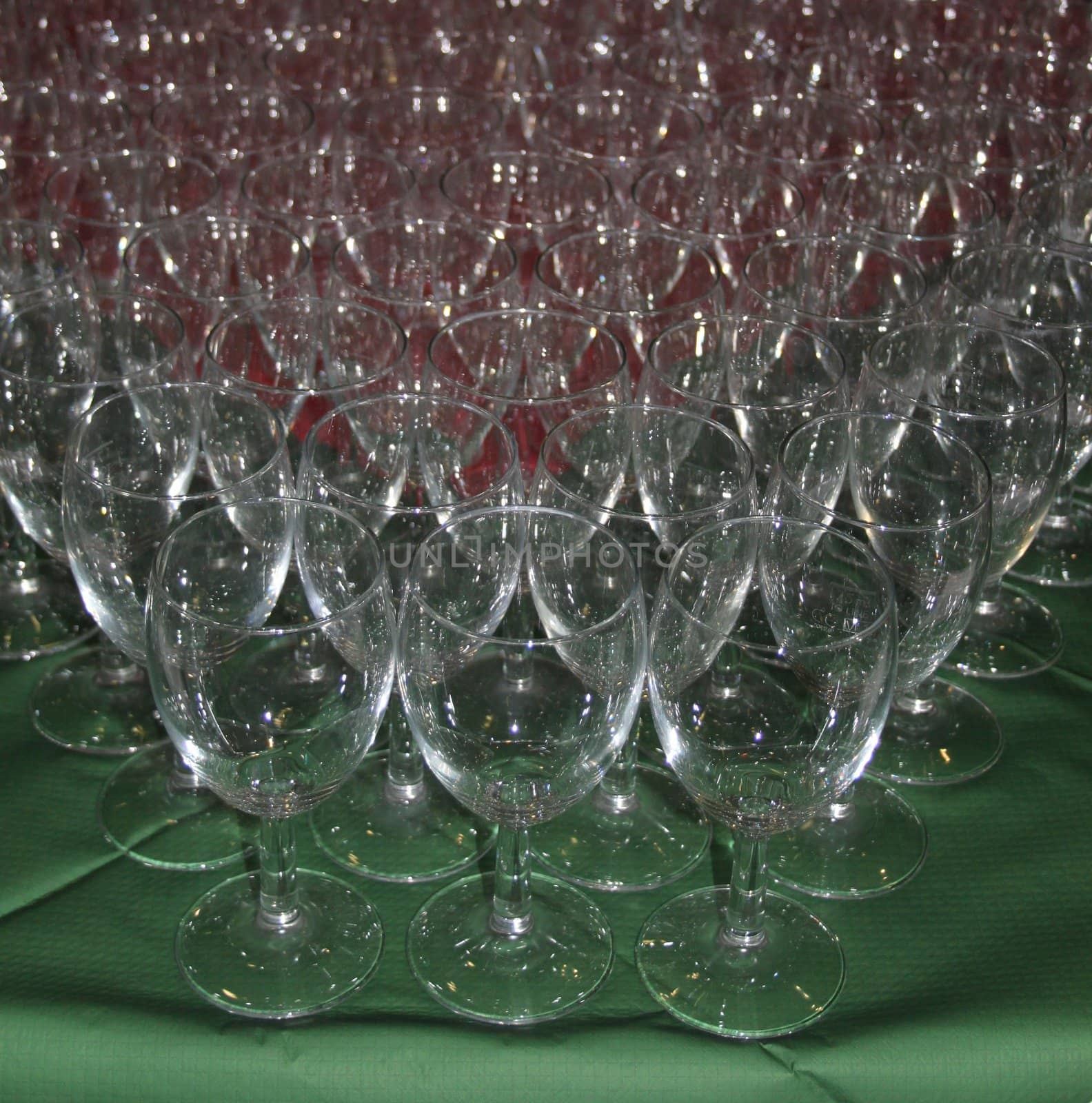 Wine glasses set out for a festive party.
