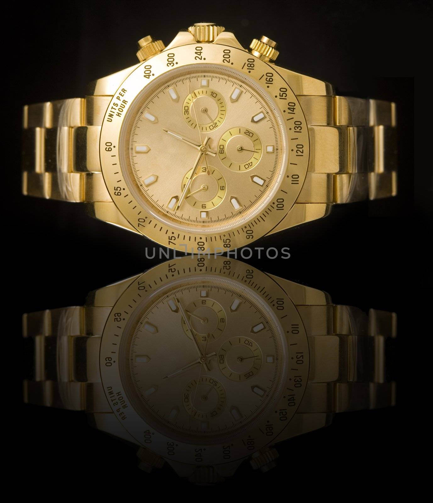 Luxury gold watch isolated on black background with reflection