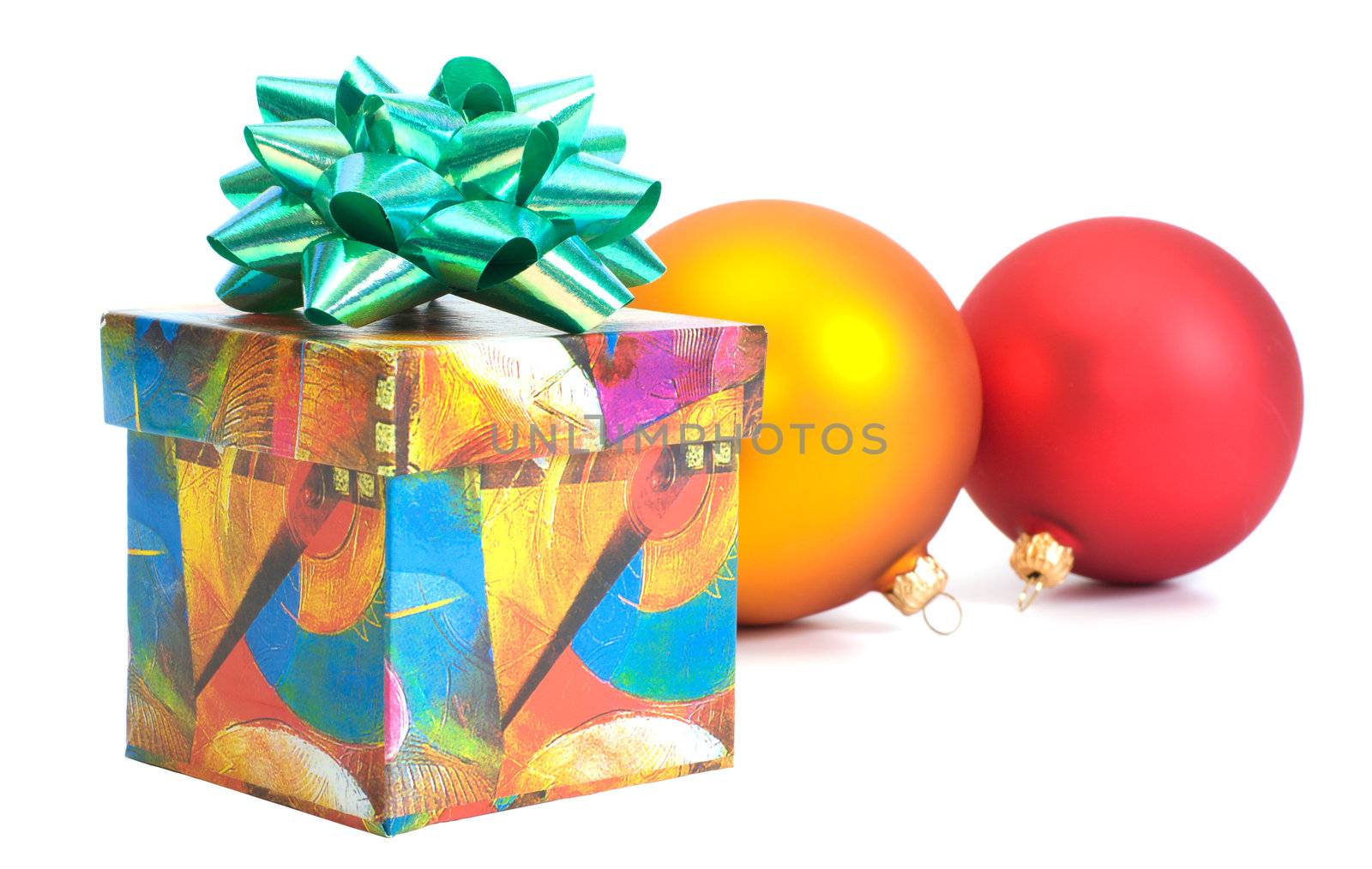 Gift Box and Christmas balls on white background.