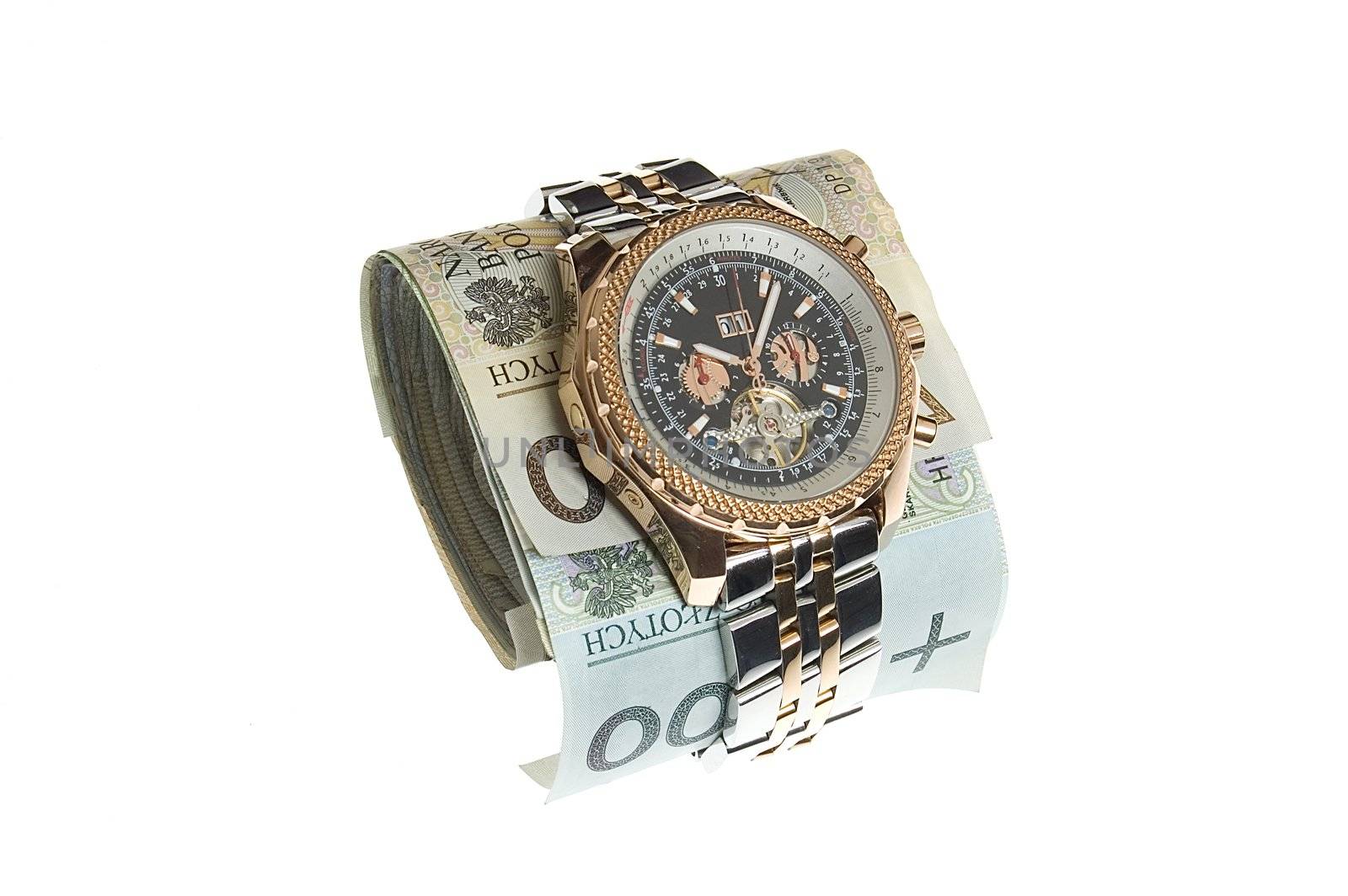 Luxury gold watch around polish banknotes by johnnychaos