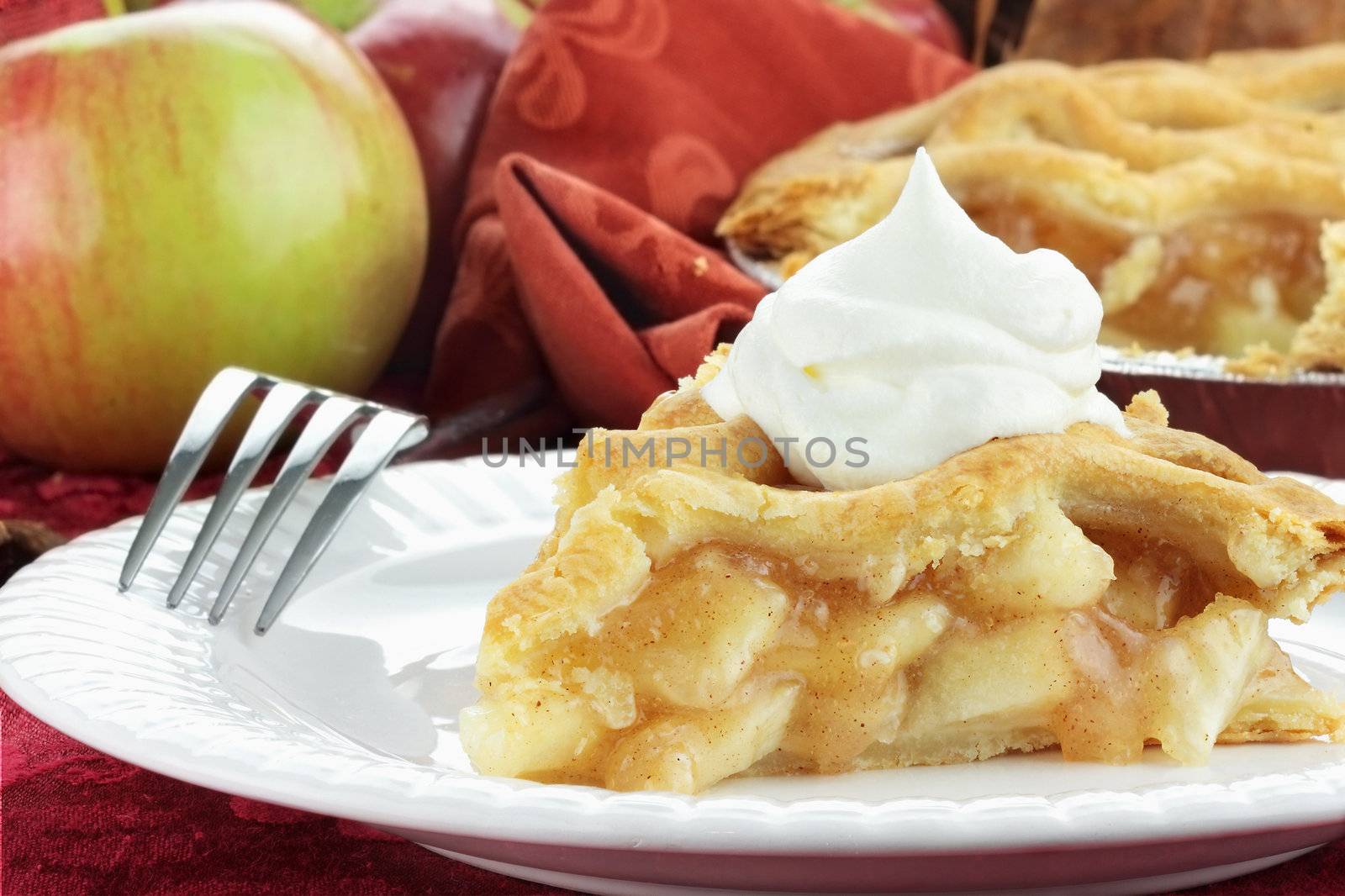 Slice of delicious fresh baked apple pie with whipped cream. Extreme shallow depth of field with selective focus on slice of pie.