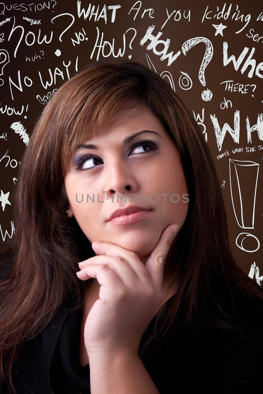 A young woman thinks deeply about something. Conceptual doodle question words float in the background.