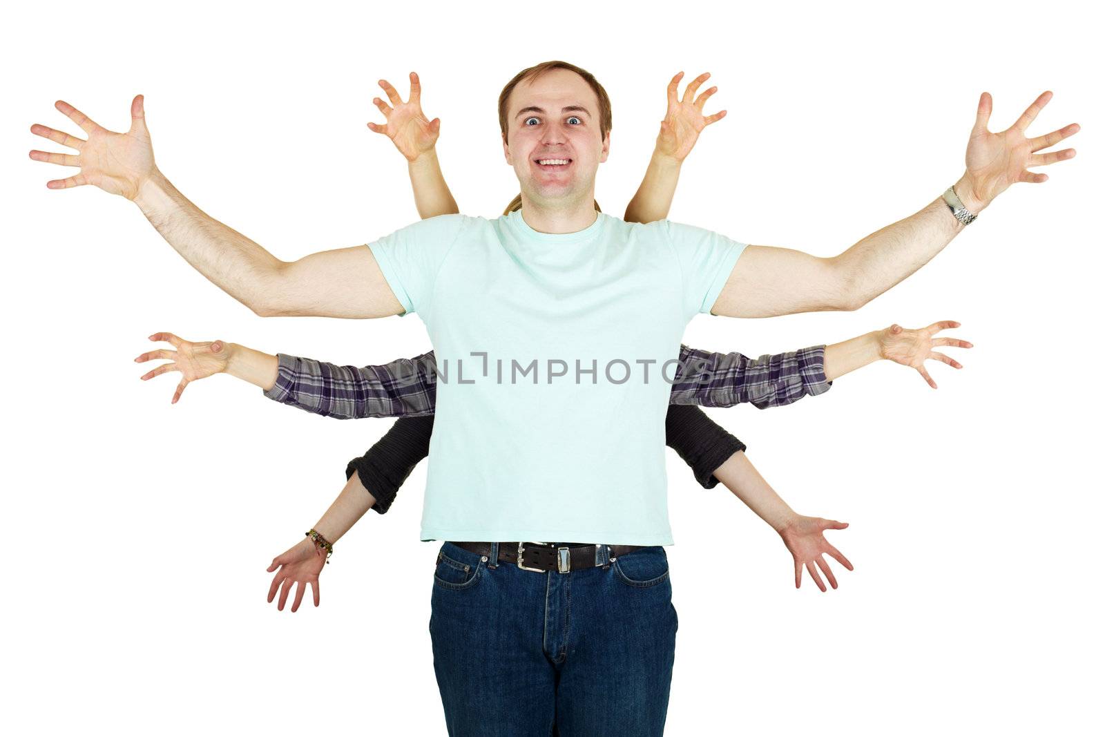 Cheerful people represent the multiarmed monster on a white background