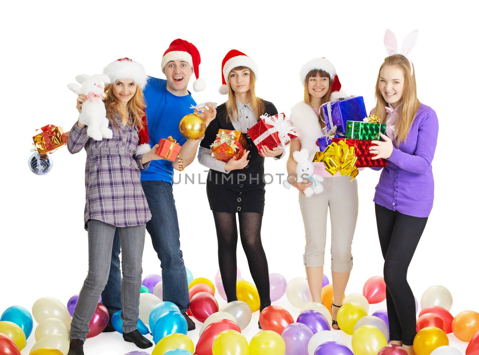 Happy friends with New Year's gifts on white background by pzaxe