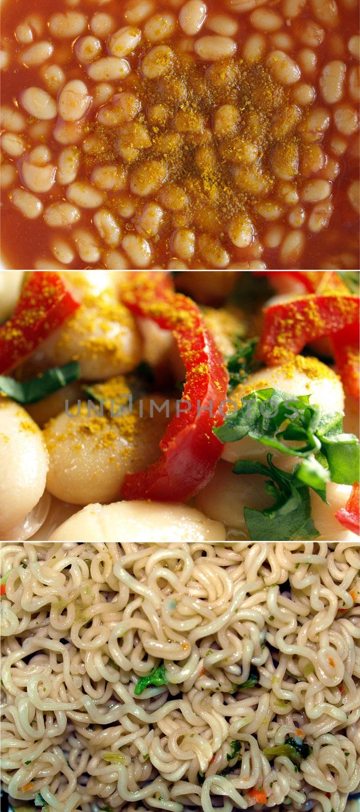 Collage of traditional Indian British vegetarian food collage with curry beans and noodles pasta