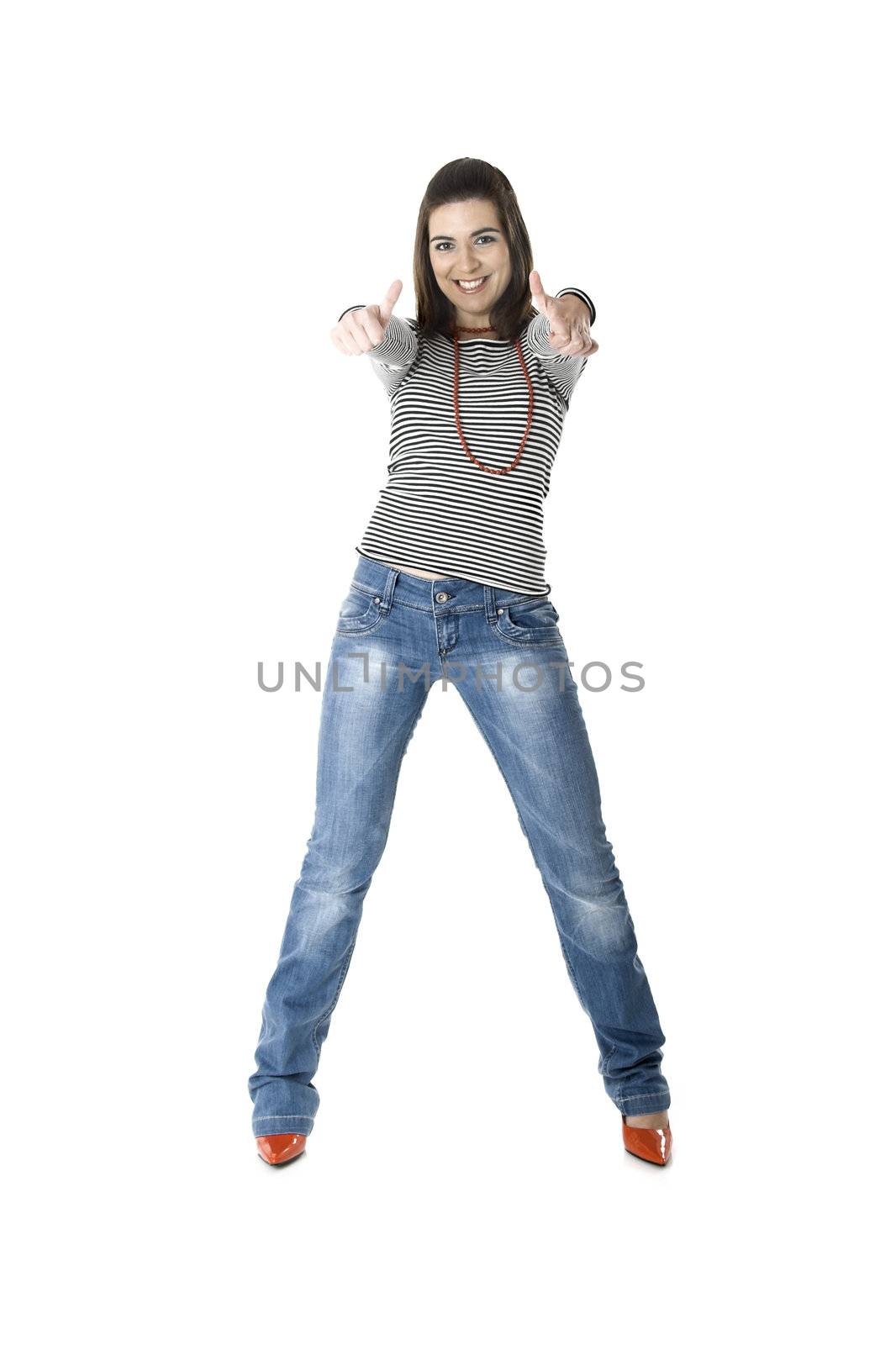 Beautiful young woman in blue jeans isolated on white