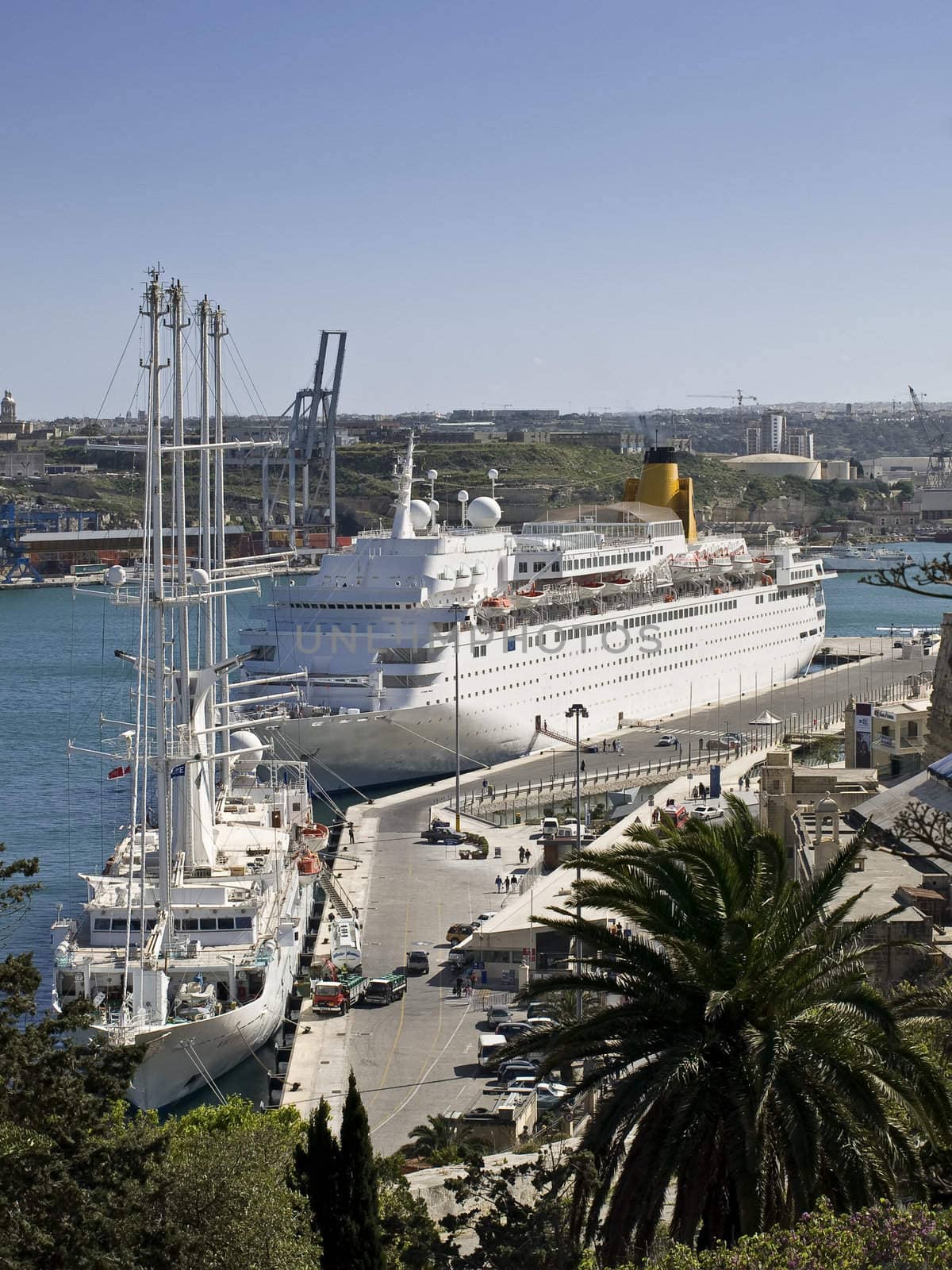Large cruiseliner berthed in the Grand Harbour in Malta