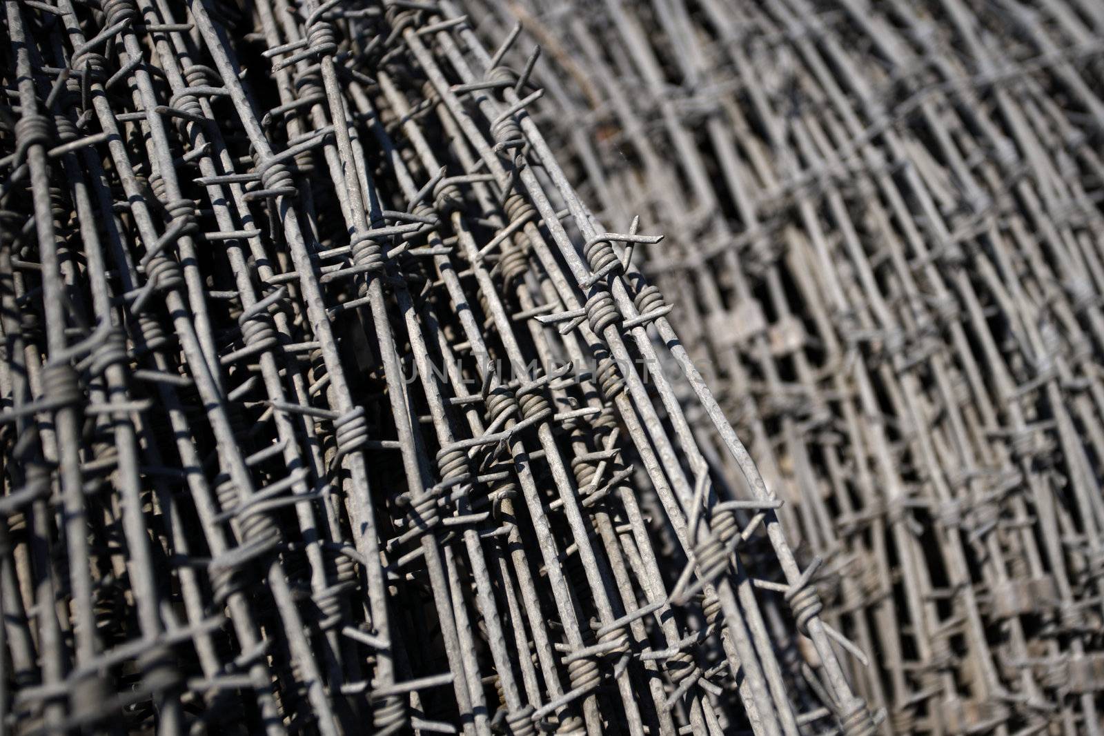 Rolls of barbed wire stacked in an army base.
