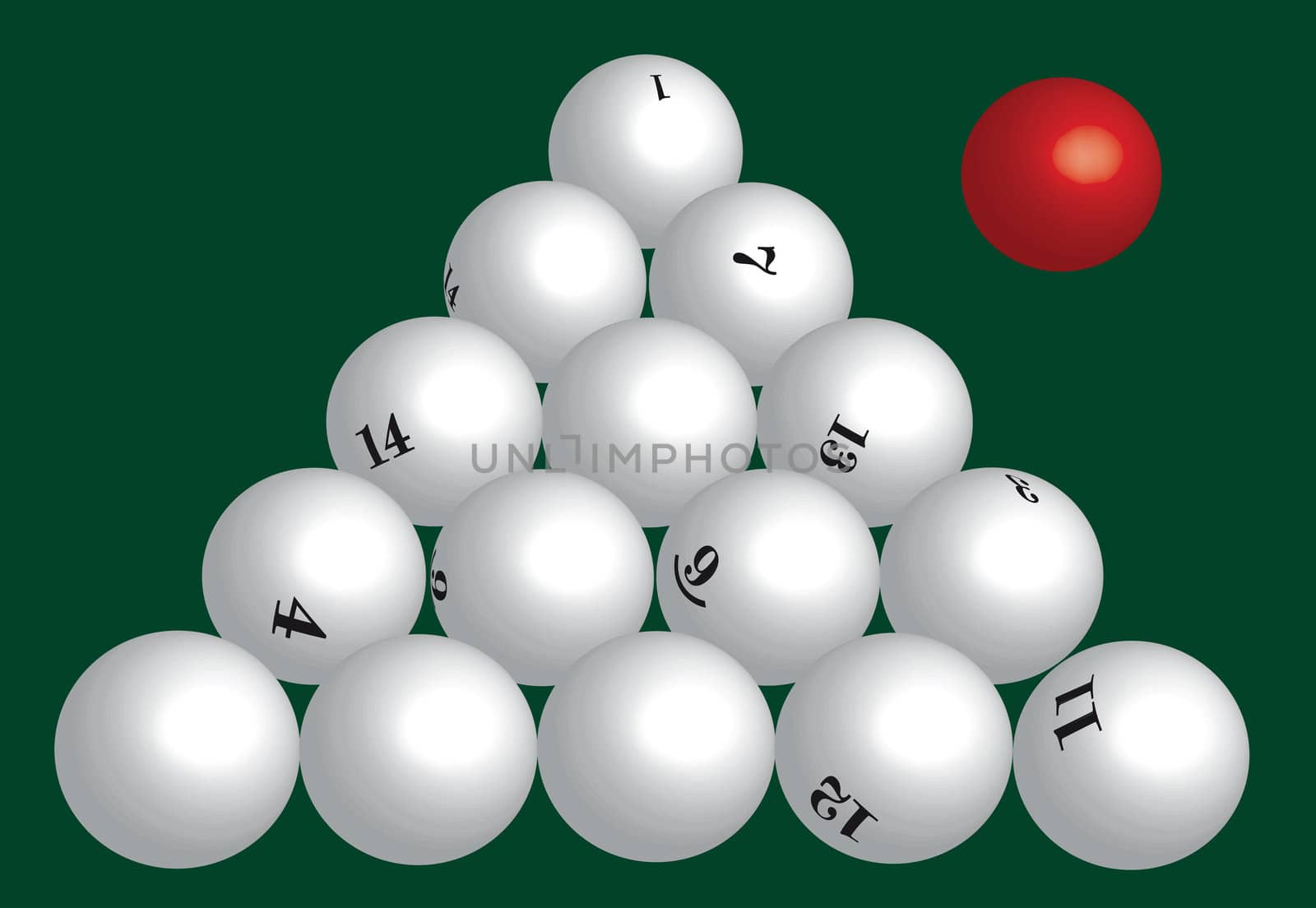 Billiard spheres are drawn in the illustrator against the green background.
Vector figure is transferred into the scanning.
