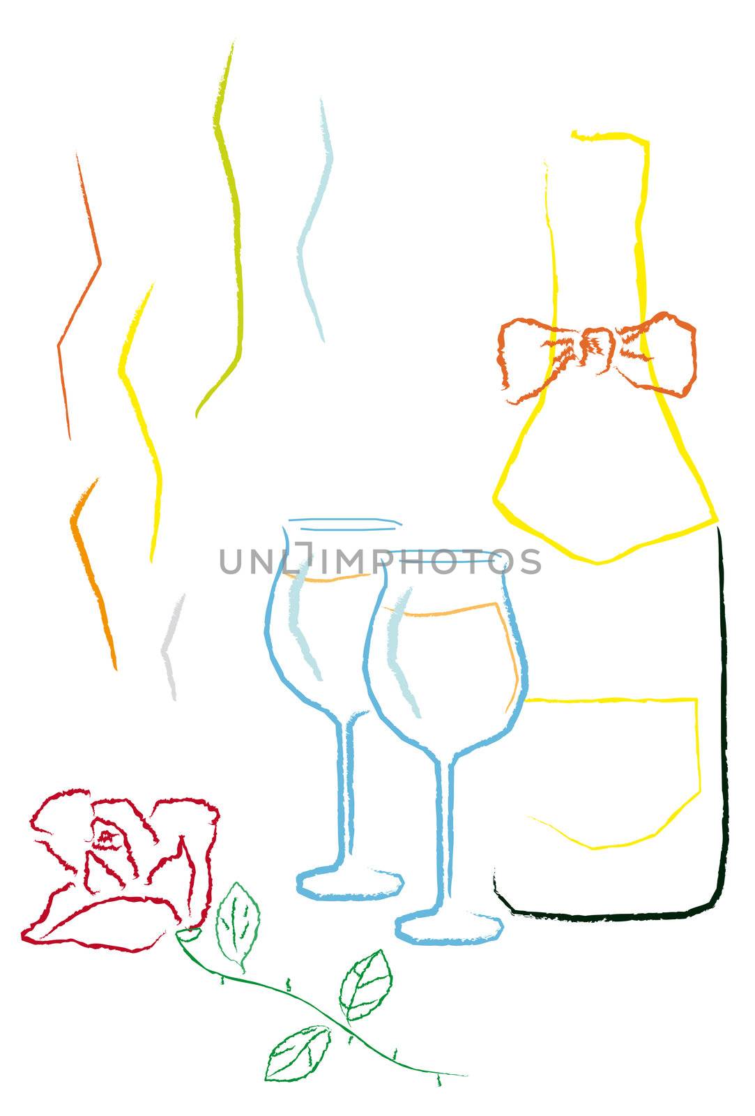 Two glasses with the refined wine for that loved are prepared in the romantic evening. This evening - Valentine's day or International Women's day on March 8, and can be in the honor of the forthcoming wedding.  Bow on the neck of bottle and the lying rose. Everything for the only.