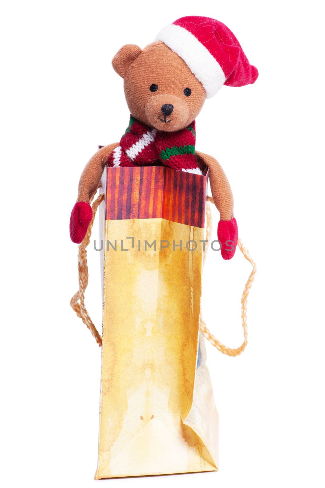 Teddy bear with santa`s hat sitting in a gift box isolated on the white