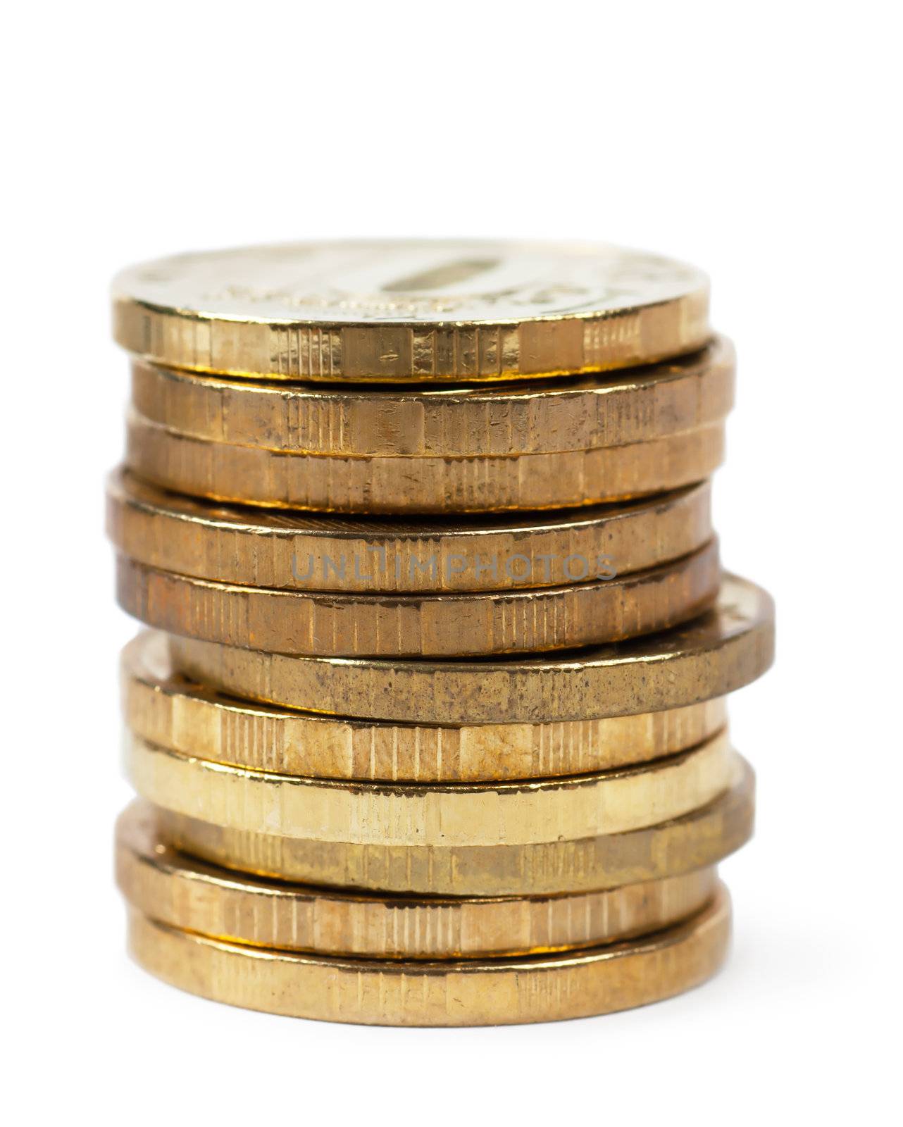 A stack of coins isolated on the white