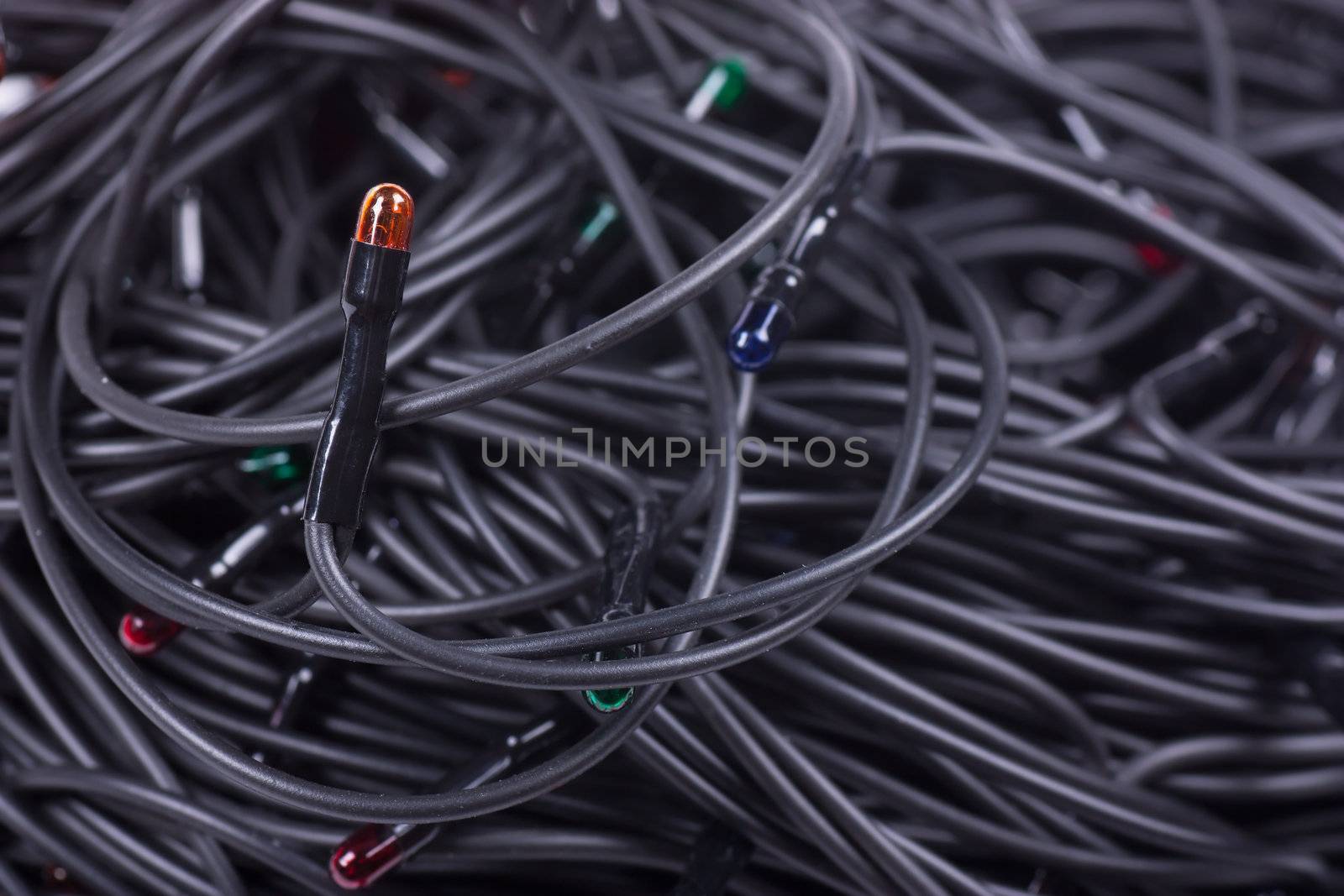 Closeup view of tangle of Christmas lights