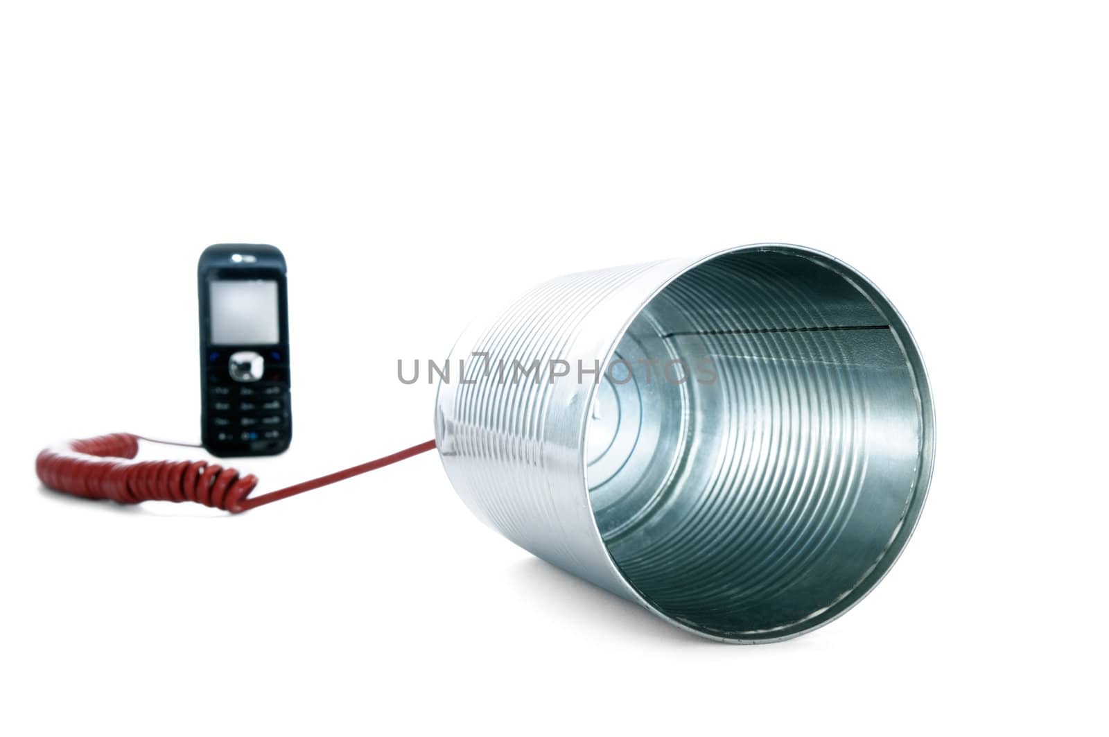 Tin can phone wired to a mobile phone over white background.