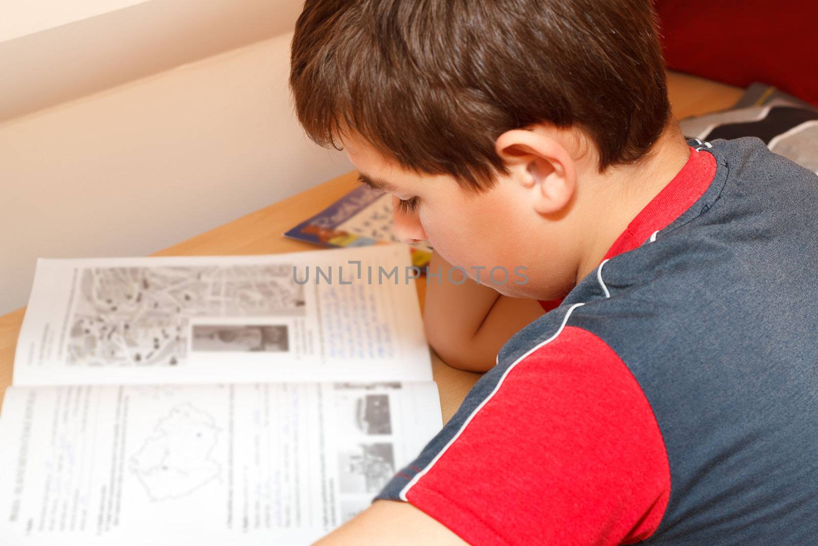 boy doing homework, reading text from school book