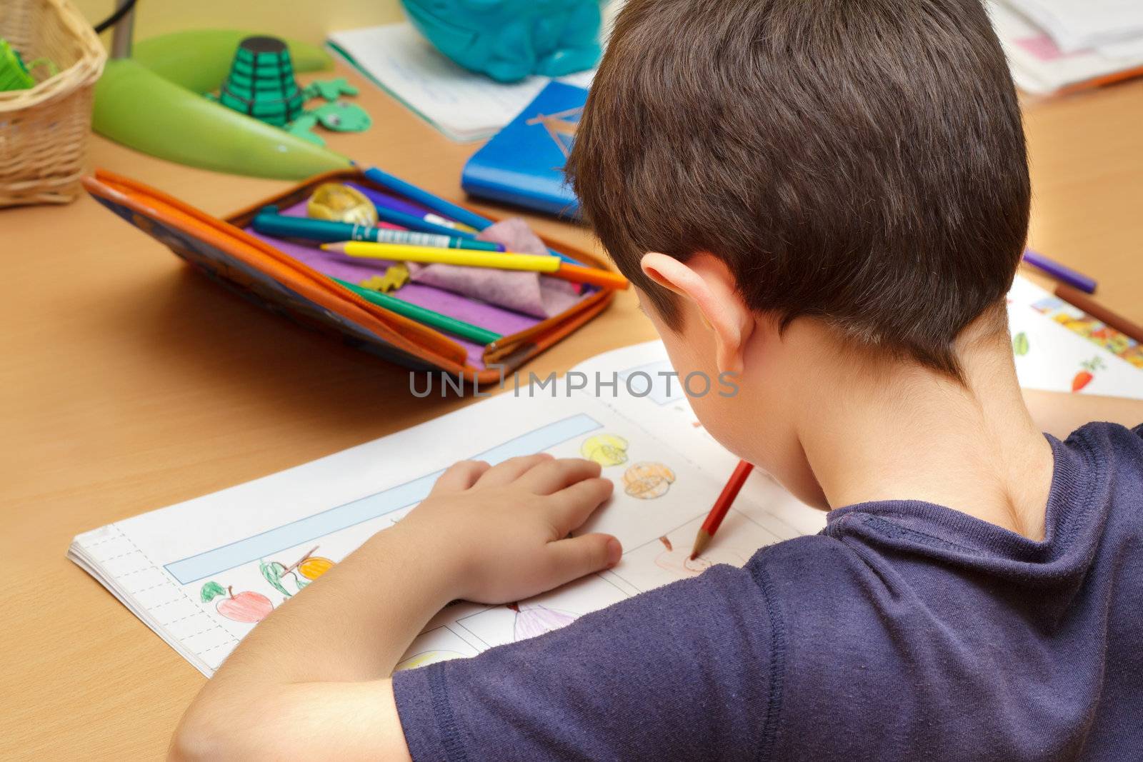 boy doing homework  with color pencil, painting fruits