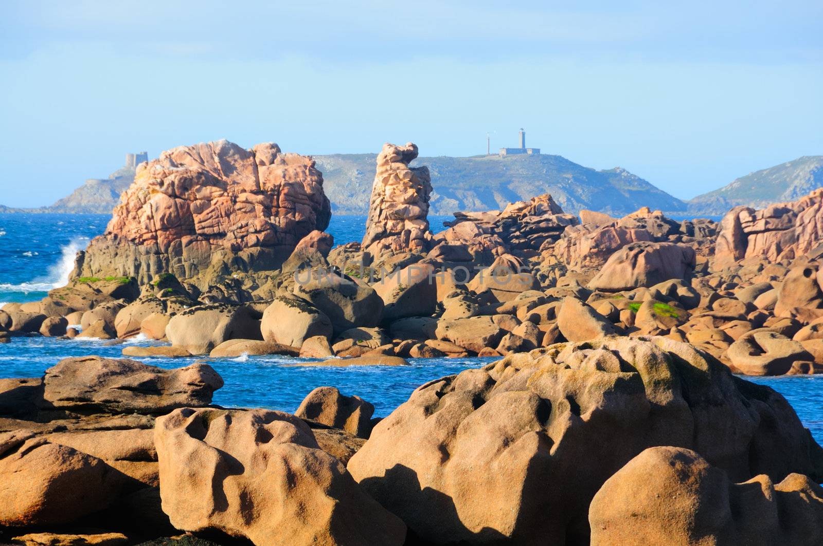 Famous granite rocks at the cote de granite rose in Tregastel in Brittany, France