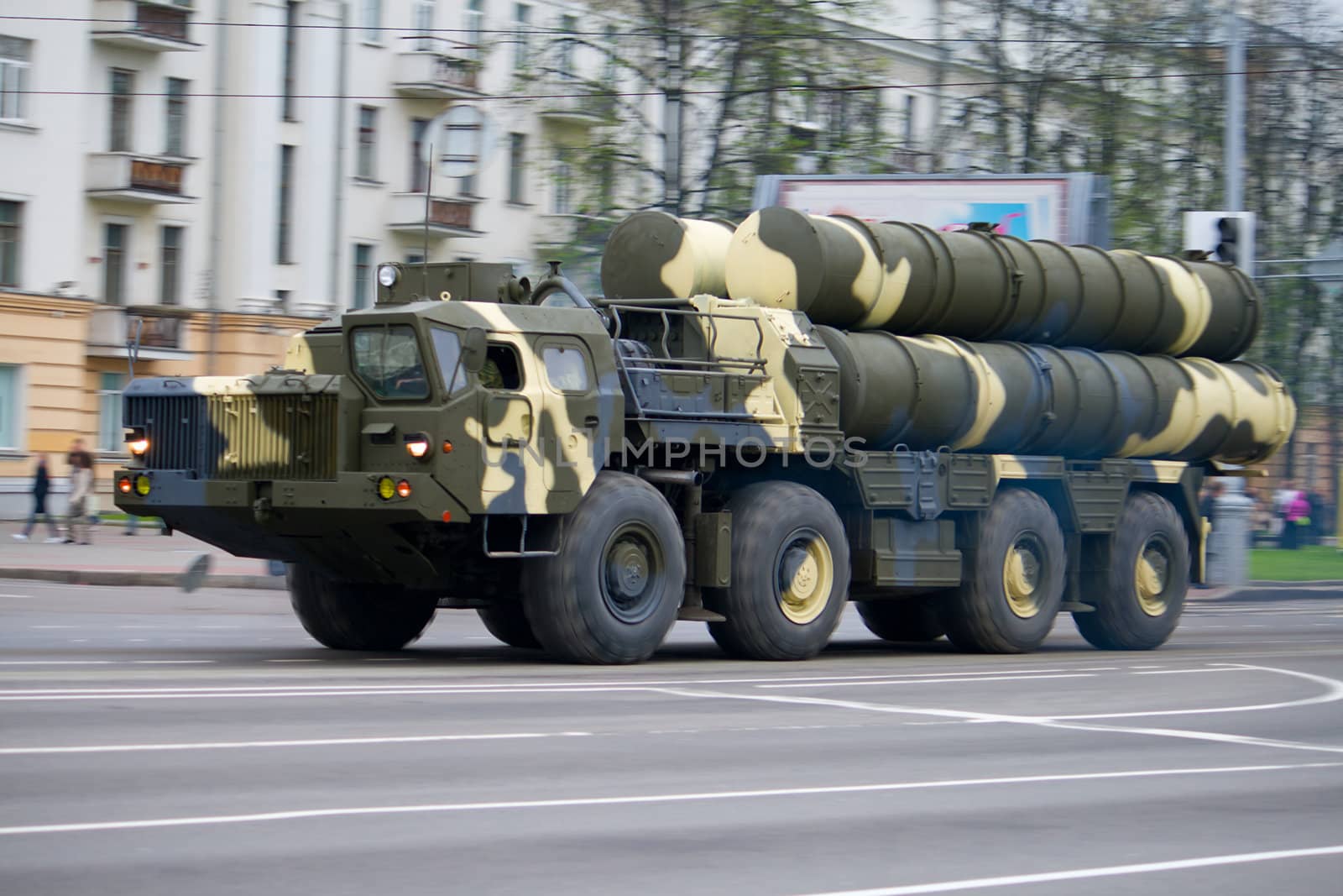 anti-aircraft complex s-300 in motion on city street