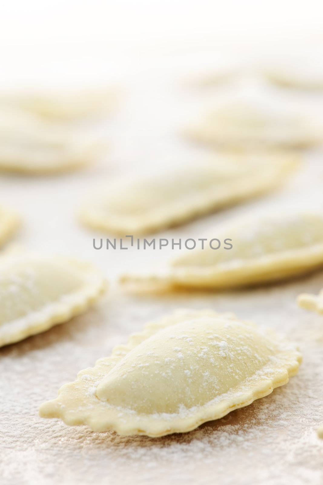 Uncooked ravioli pasta prepared and ready for cooking