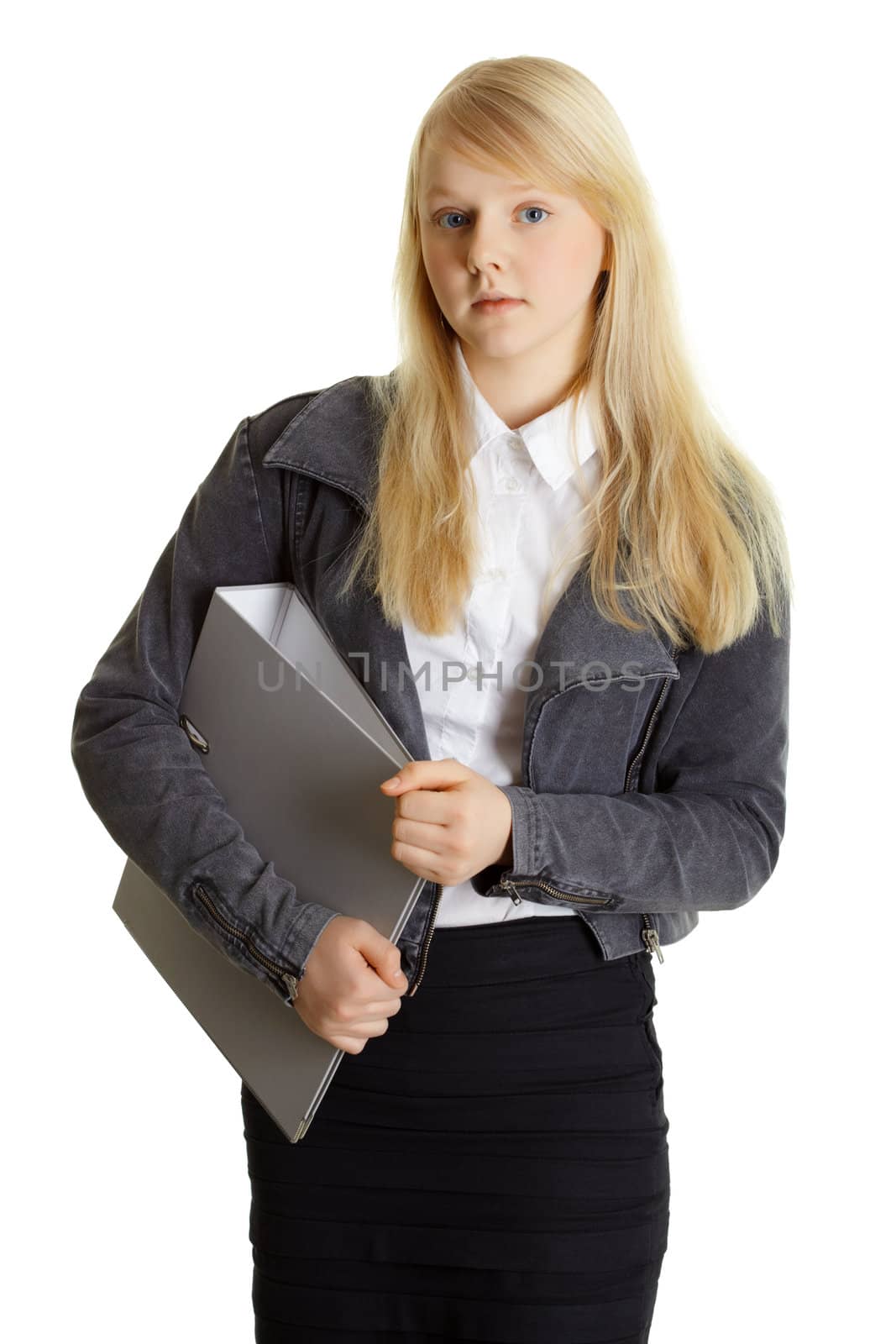 Young blonde secretary isolated on a white background