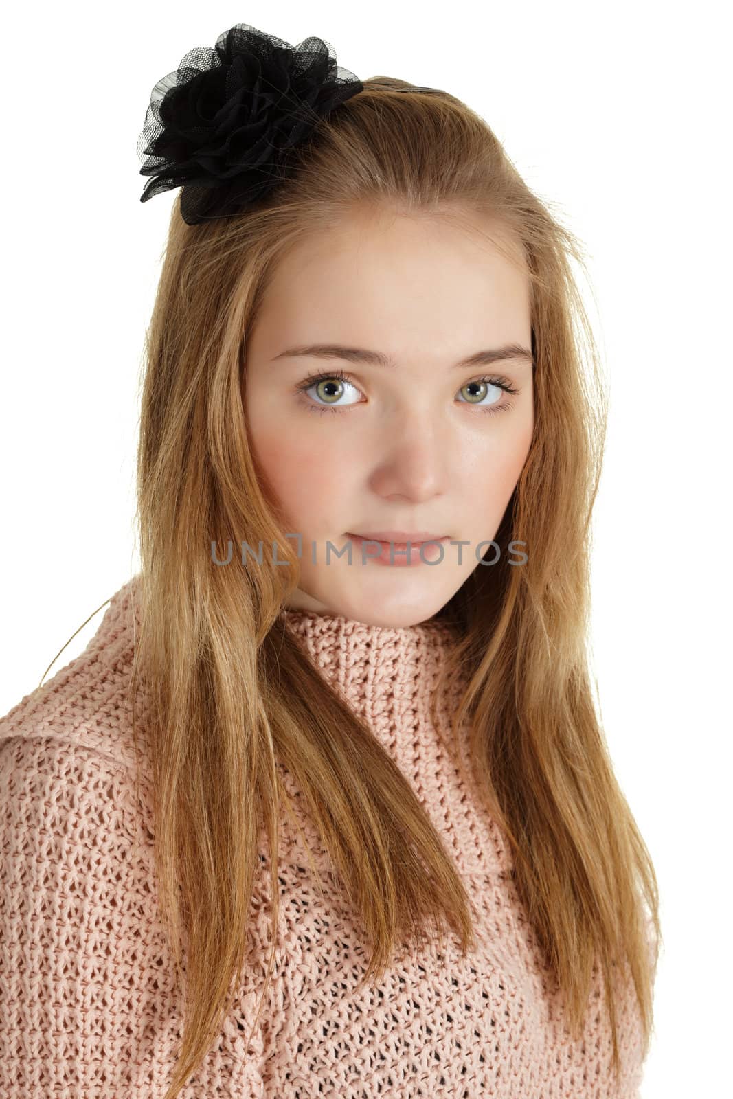 Portrait of a beautiful young girl with a black mourning bow, isolated on a white background