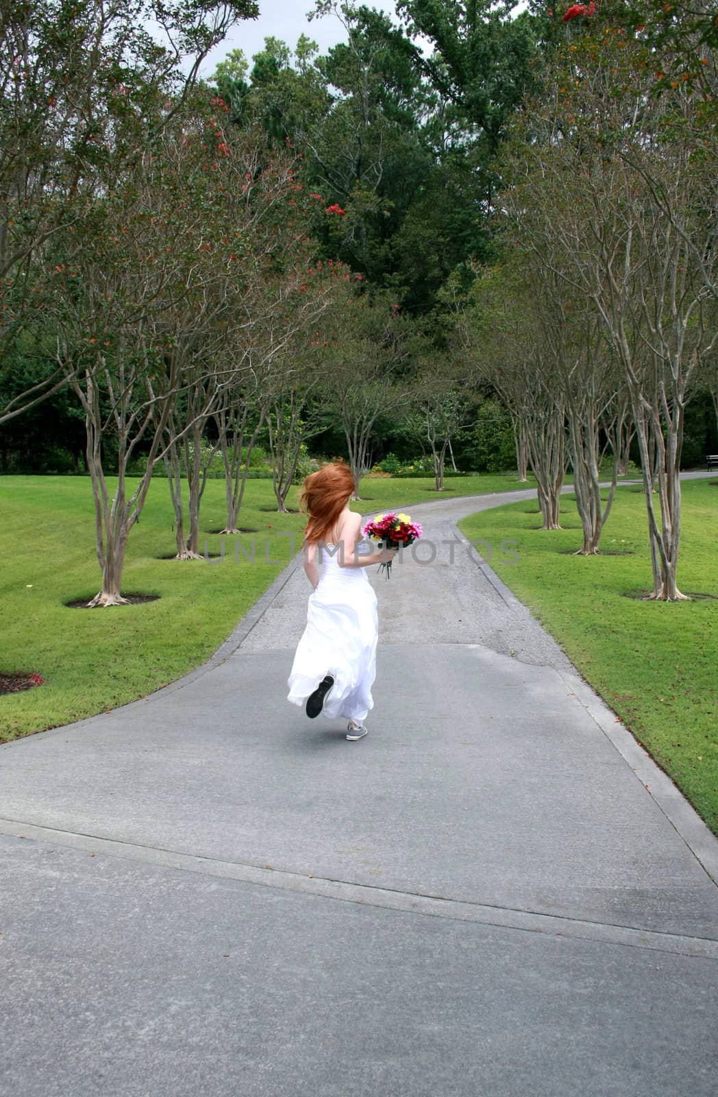 A beautiful redheaded bride running away, or rushing late