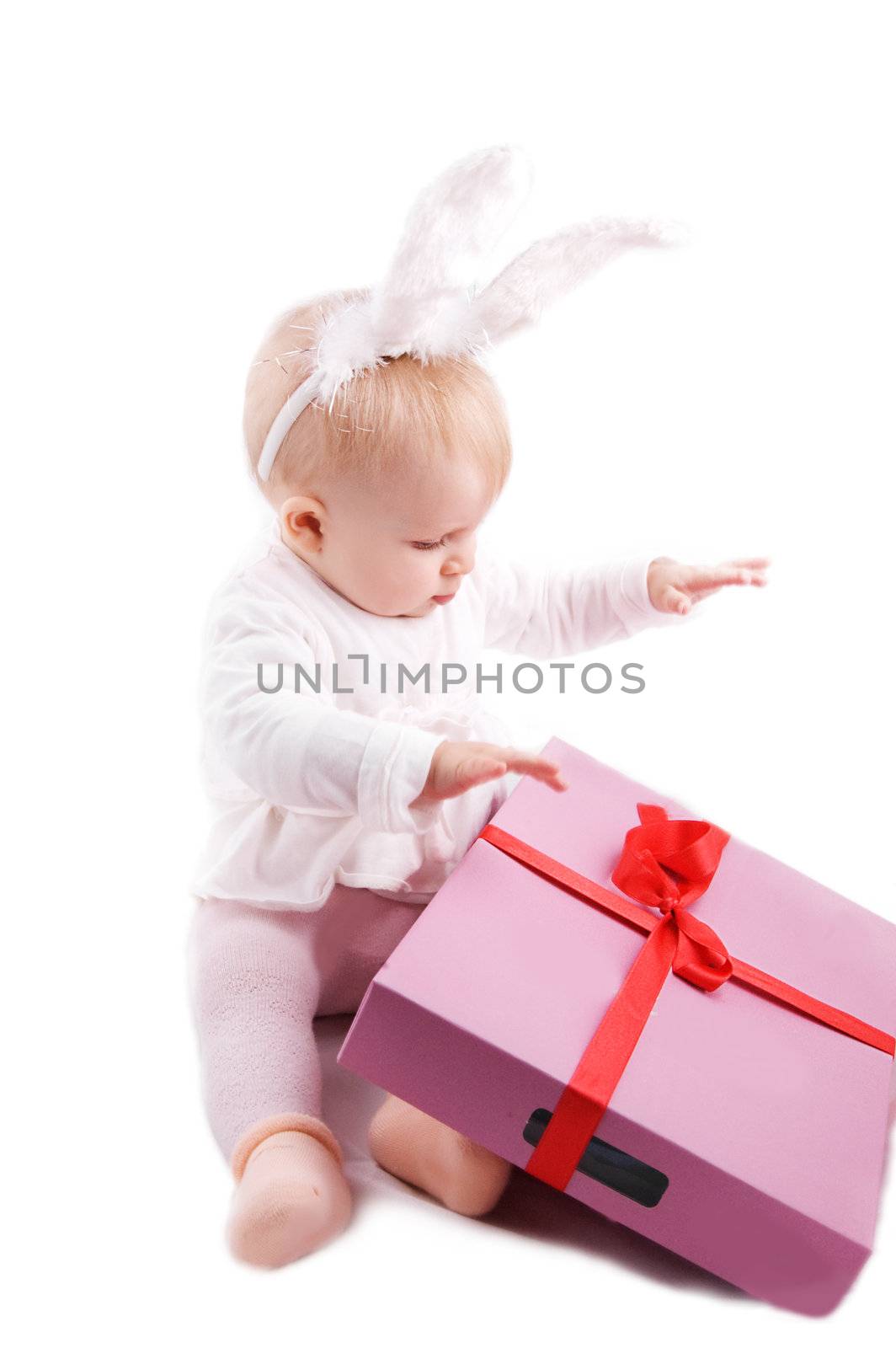 Baby in rabbit costume with pink gift by Angel_a