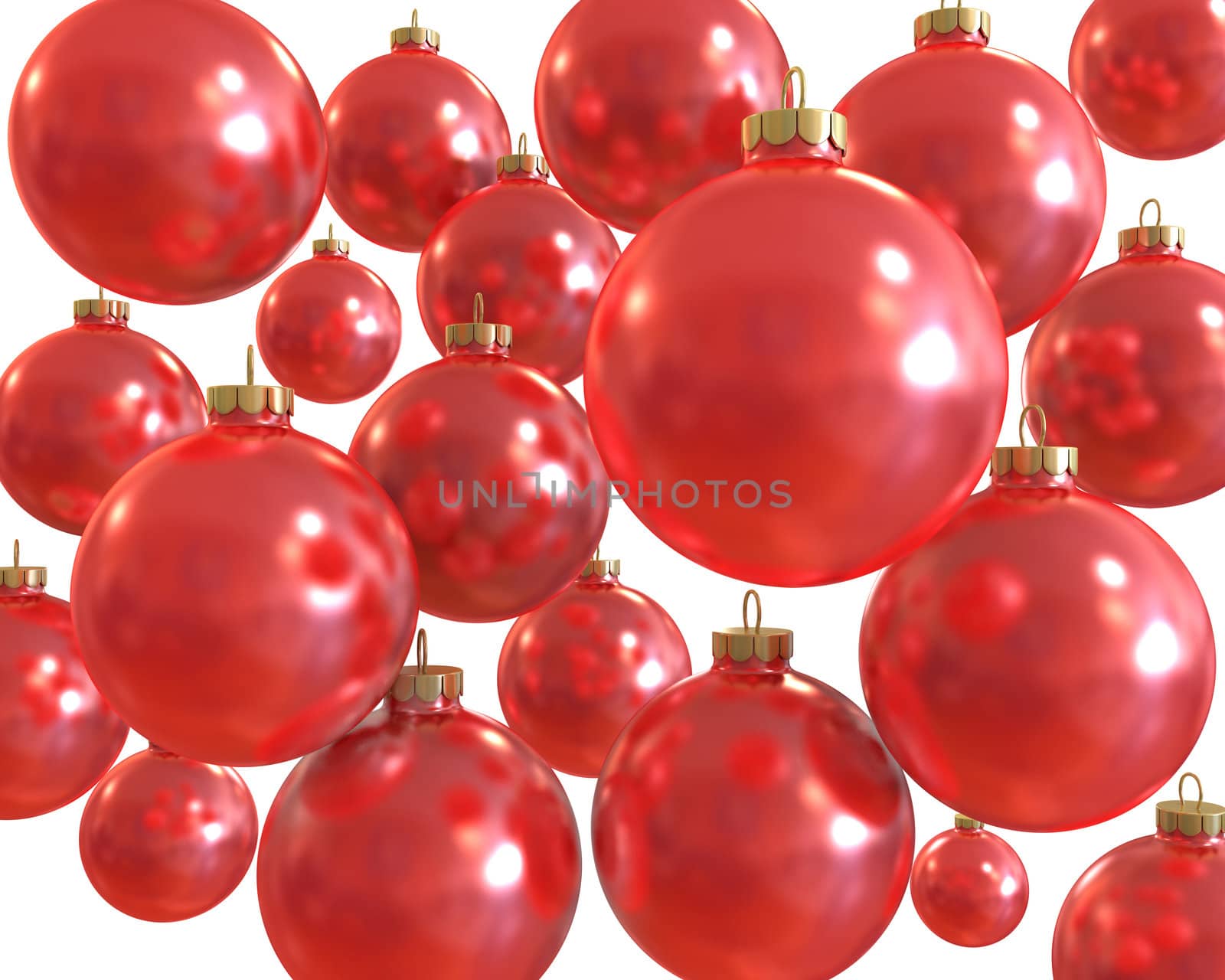Background of red christmas shiny balls isolated on white background