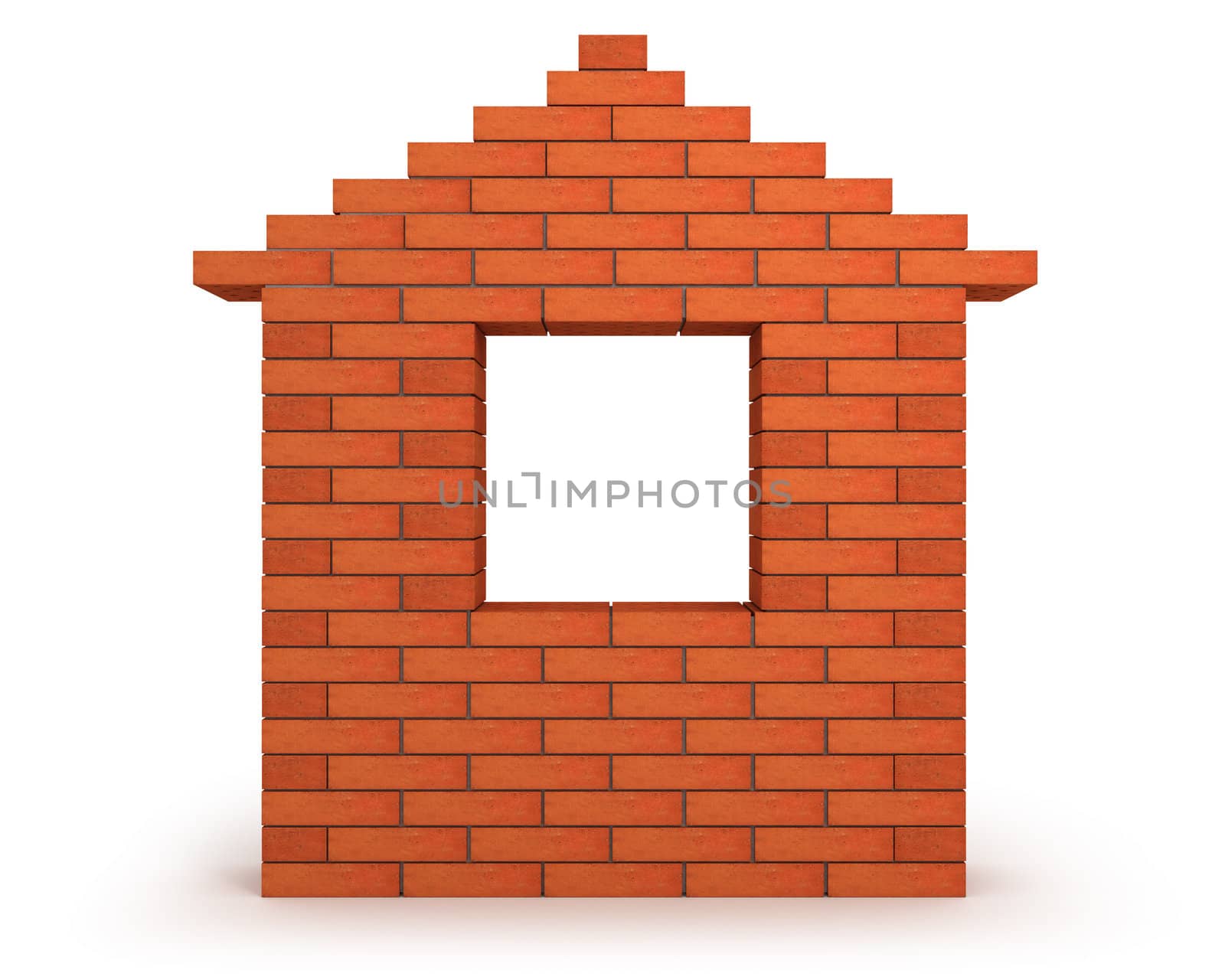 Abstract house made from orange bricks isolated on white background front view