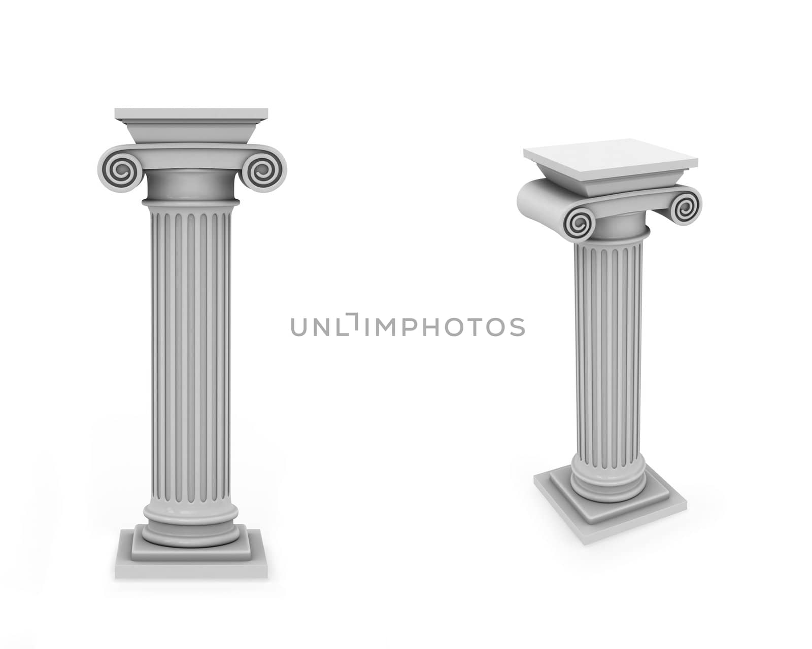 Marble roman columns frontal and diagonal view isolated on white background