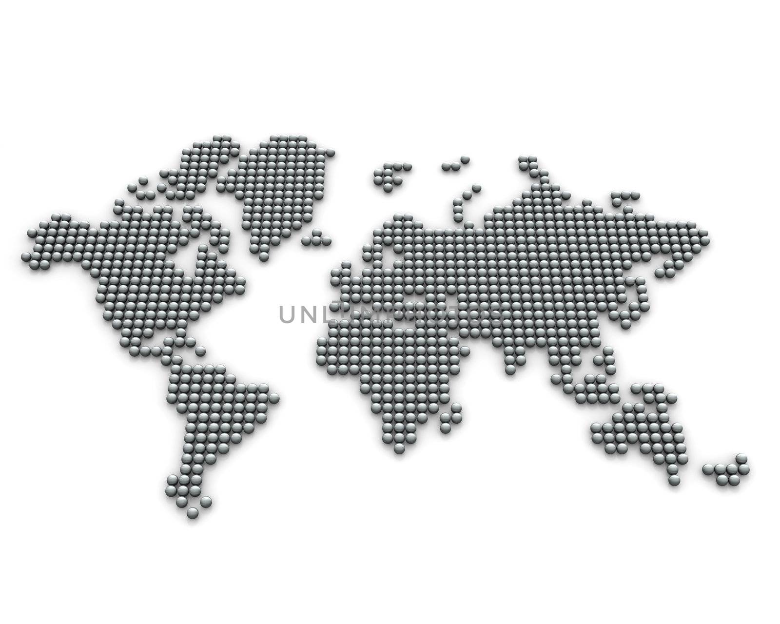 Continents made from silver balls, perspective version isolated on white background