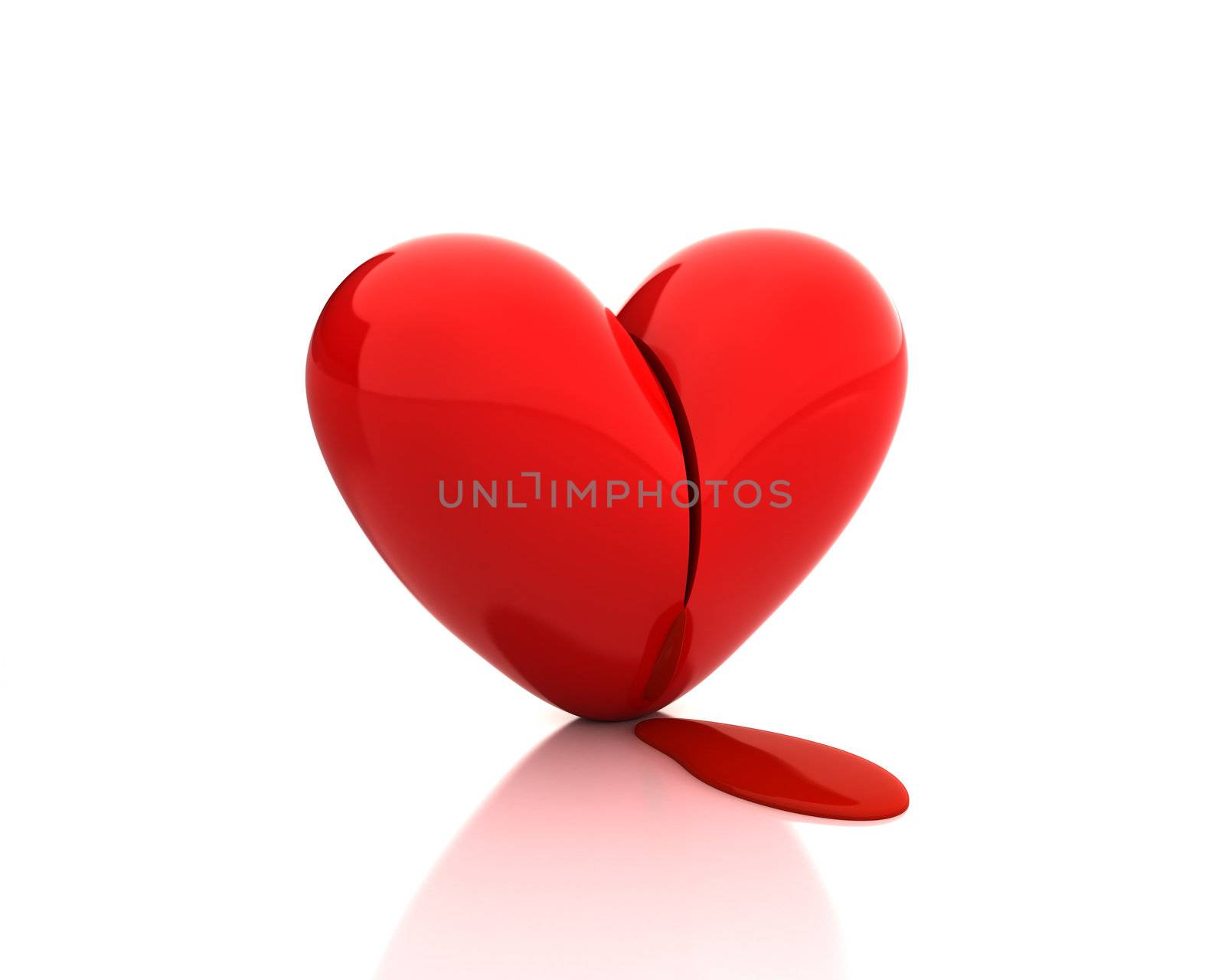 Broken heart with blood isolated on white background