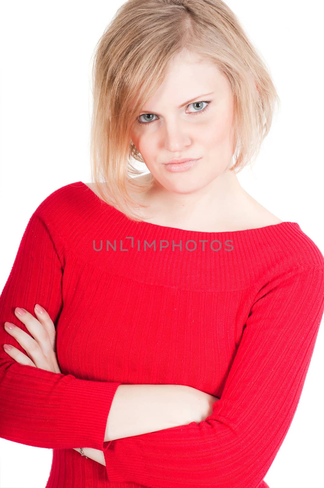 Portrait of beautiful woman in red isolated on white