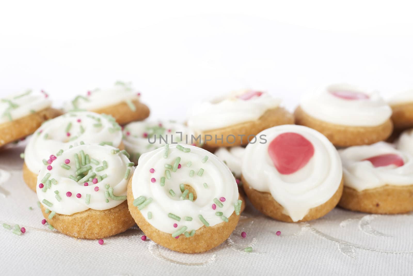 Festive cookies with frosting and decorations.