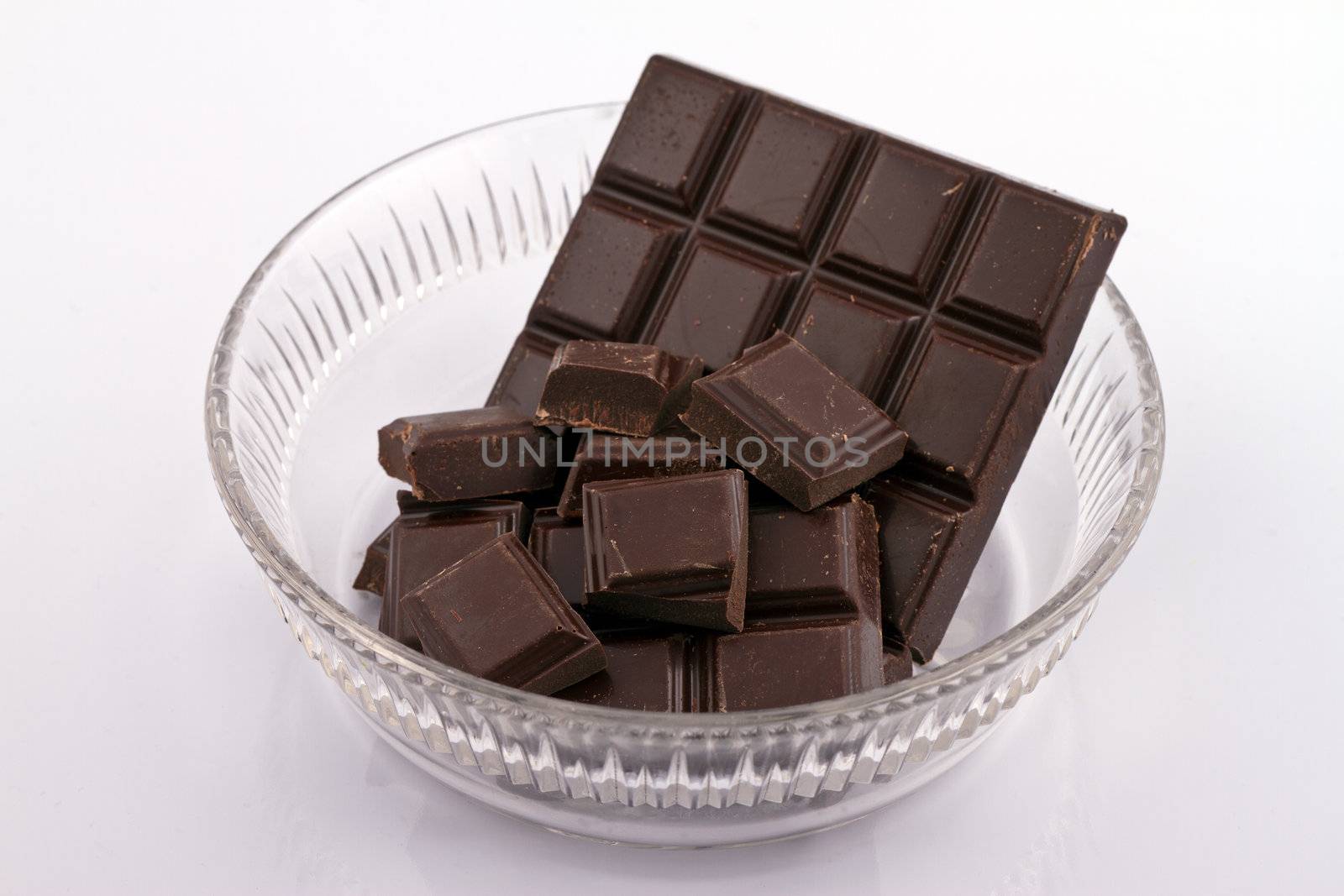 Chocolated pieces in glass bowl on white background