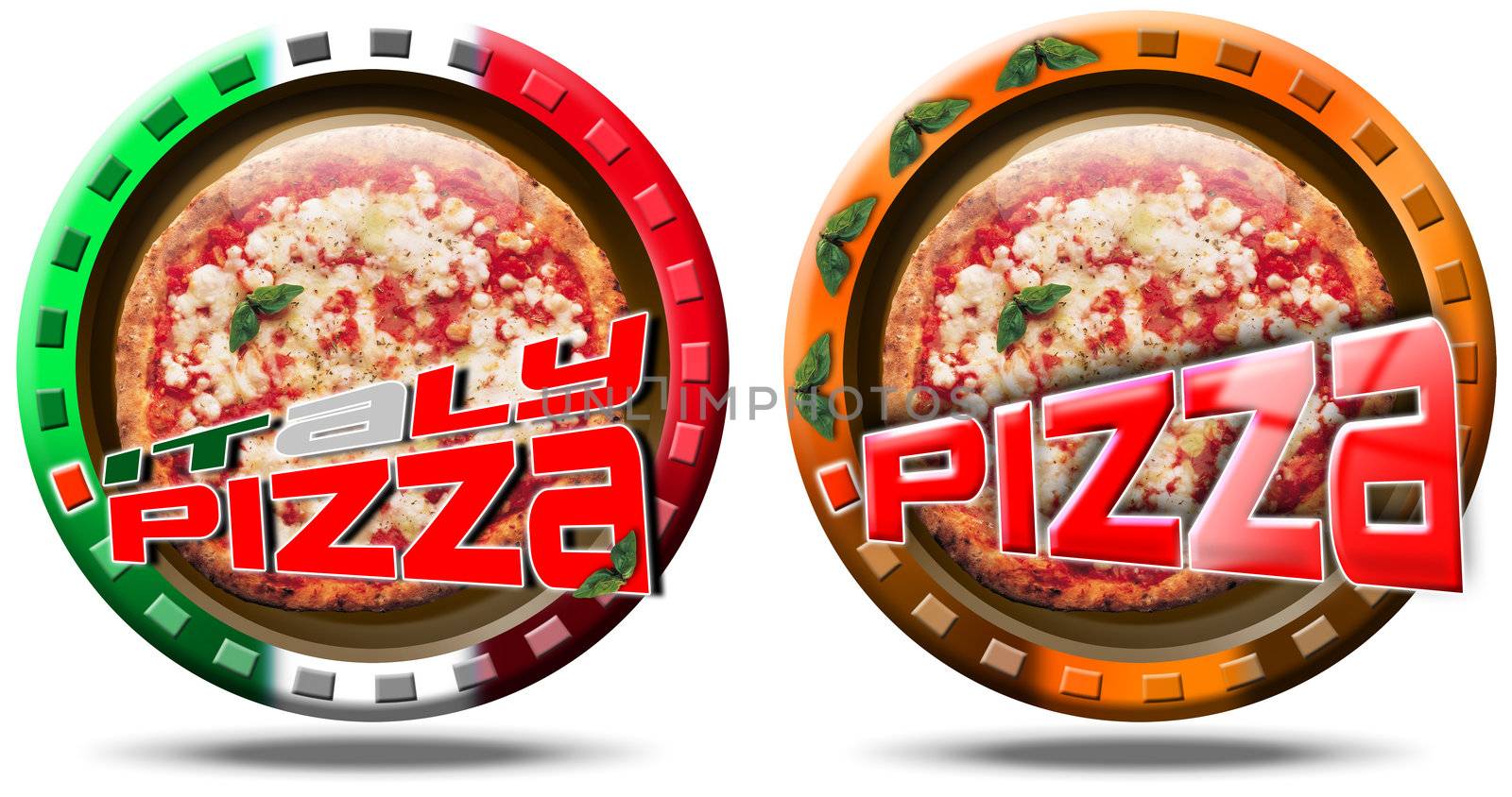 Two round icons with pizza and written pizza and italy