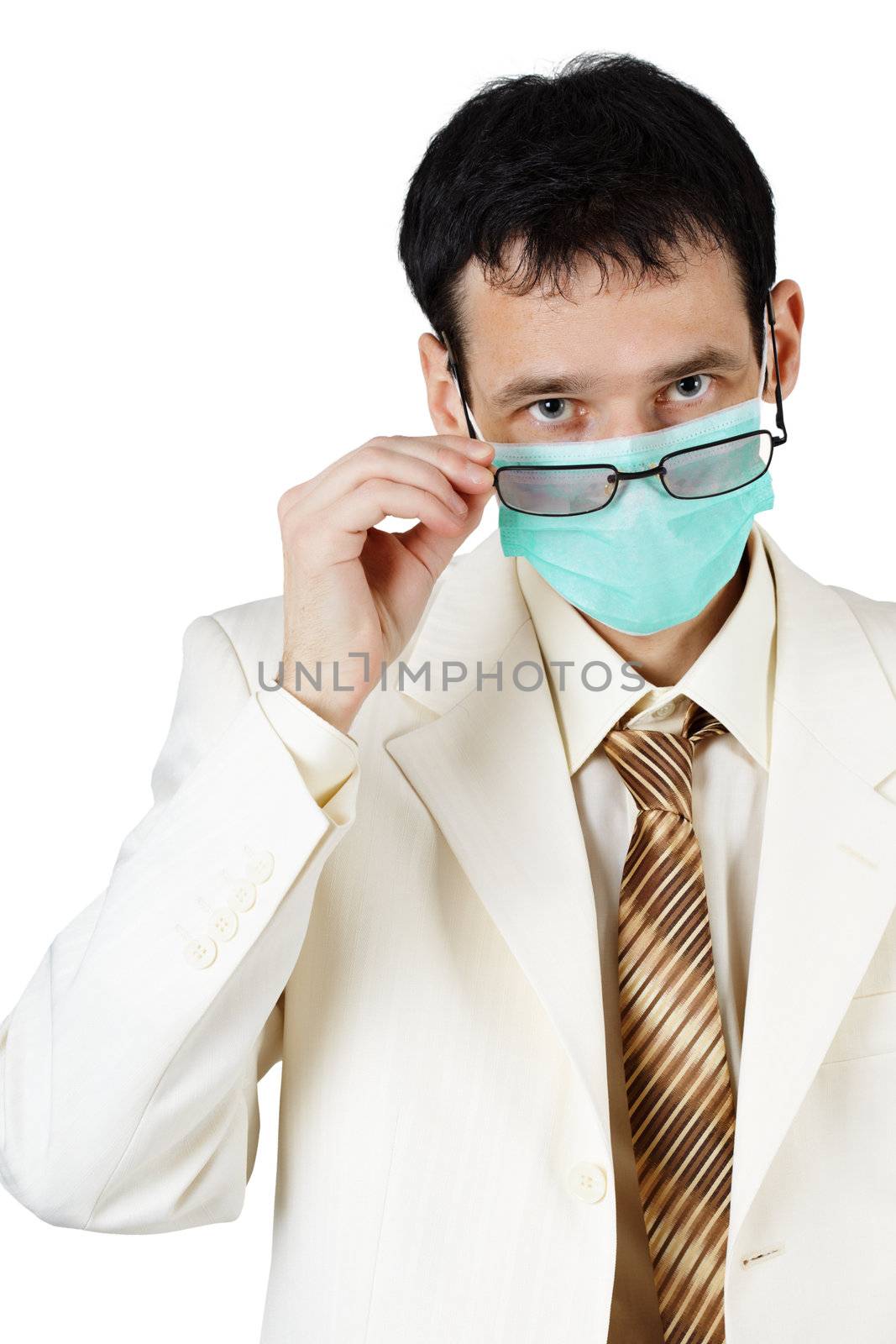 Doctor of Medical Sciences is looking over his glasses on white