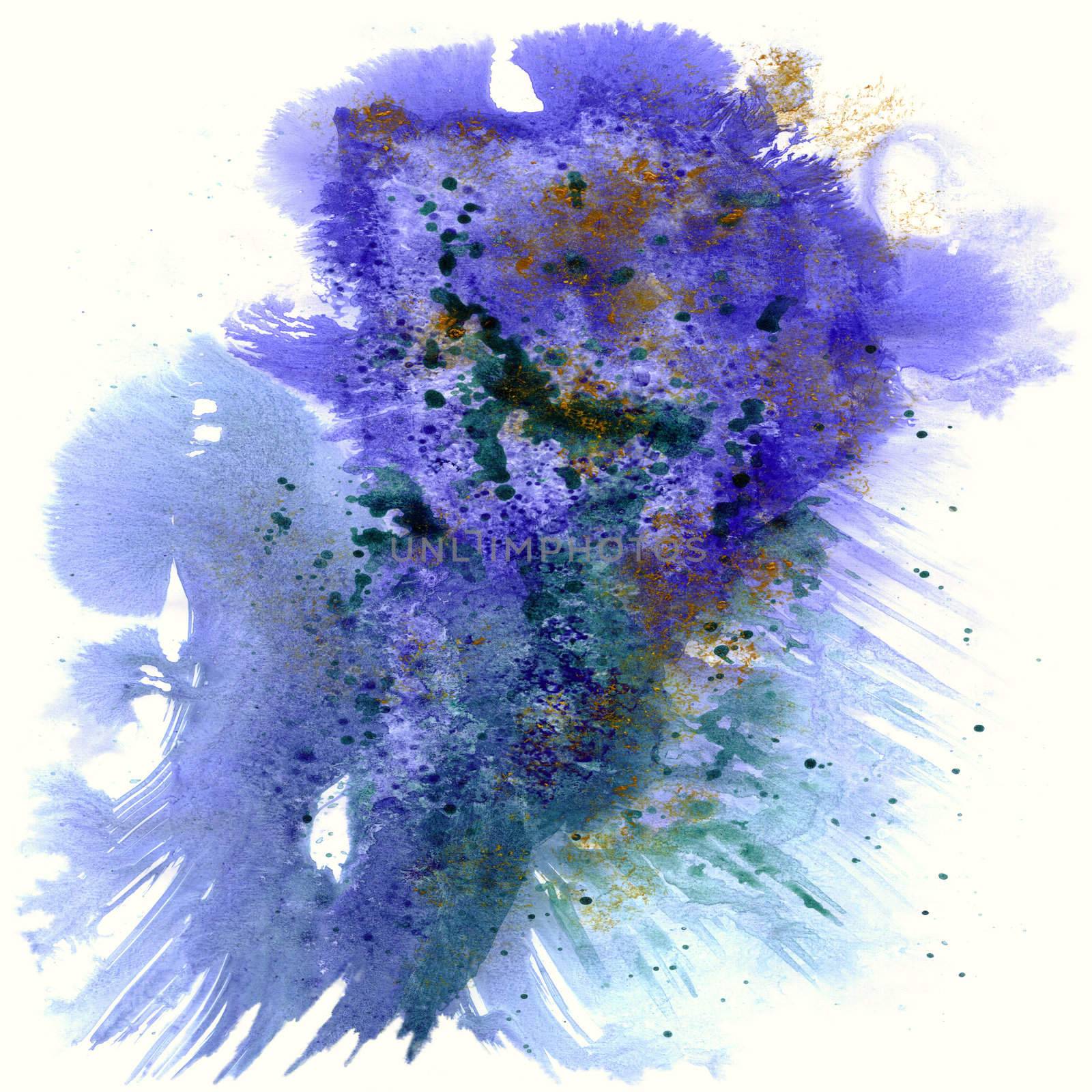 Abstract background, watercolor, hand painted on a paper. Blue, violet, green, orange, white